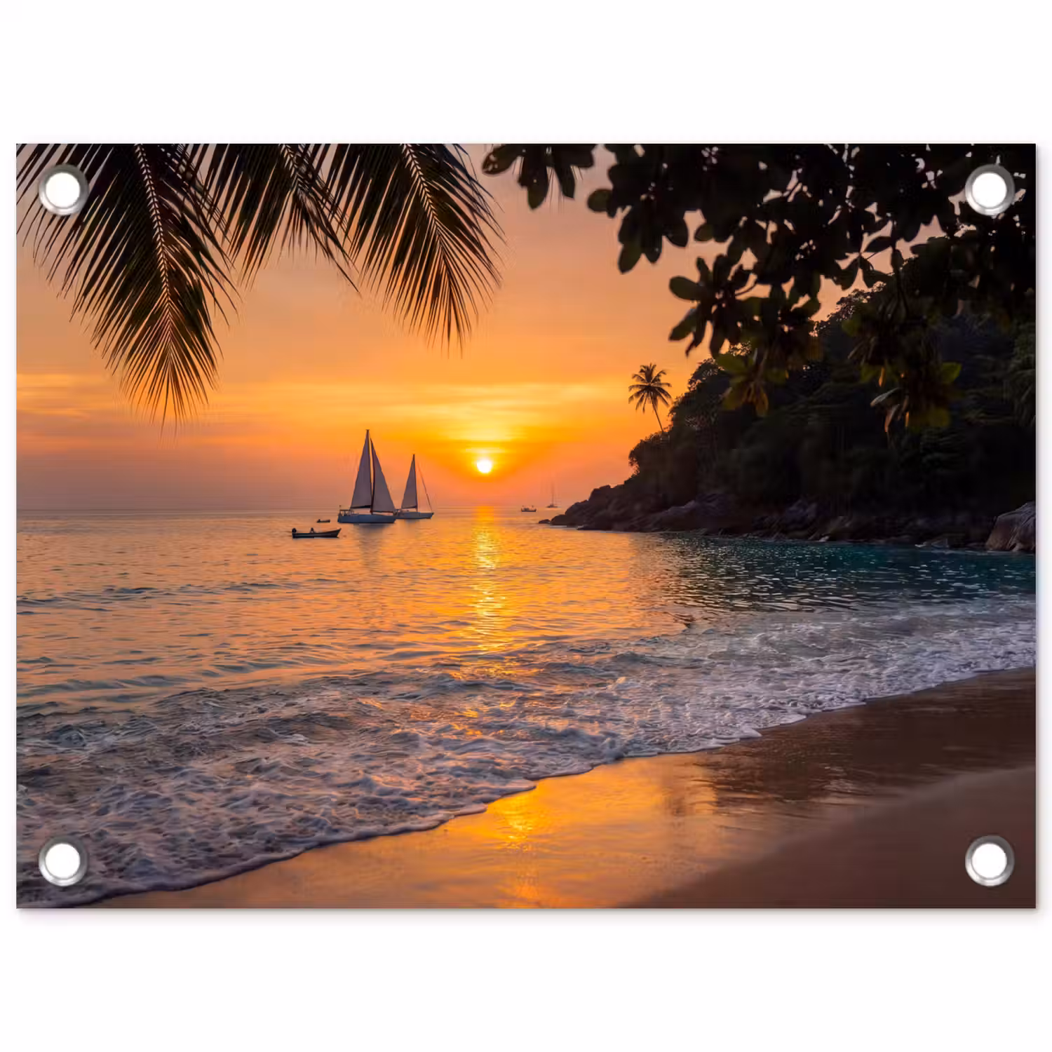Zee - Zonsondergang - Boot - Natuur - Oranje tuinposter los doek klein -3d