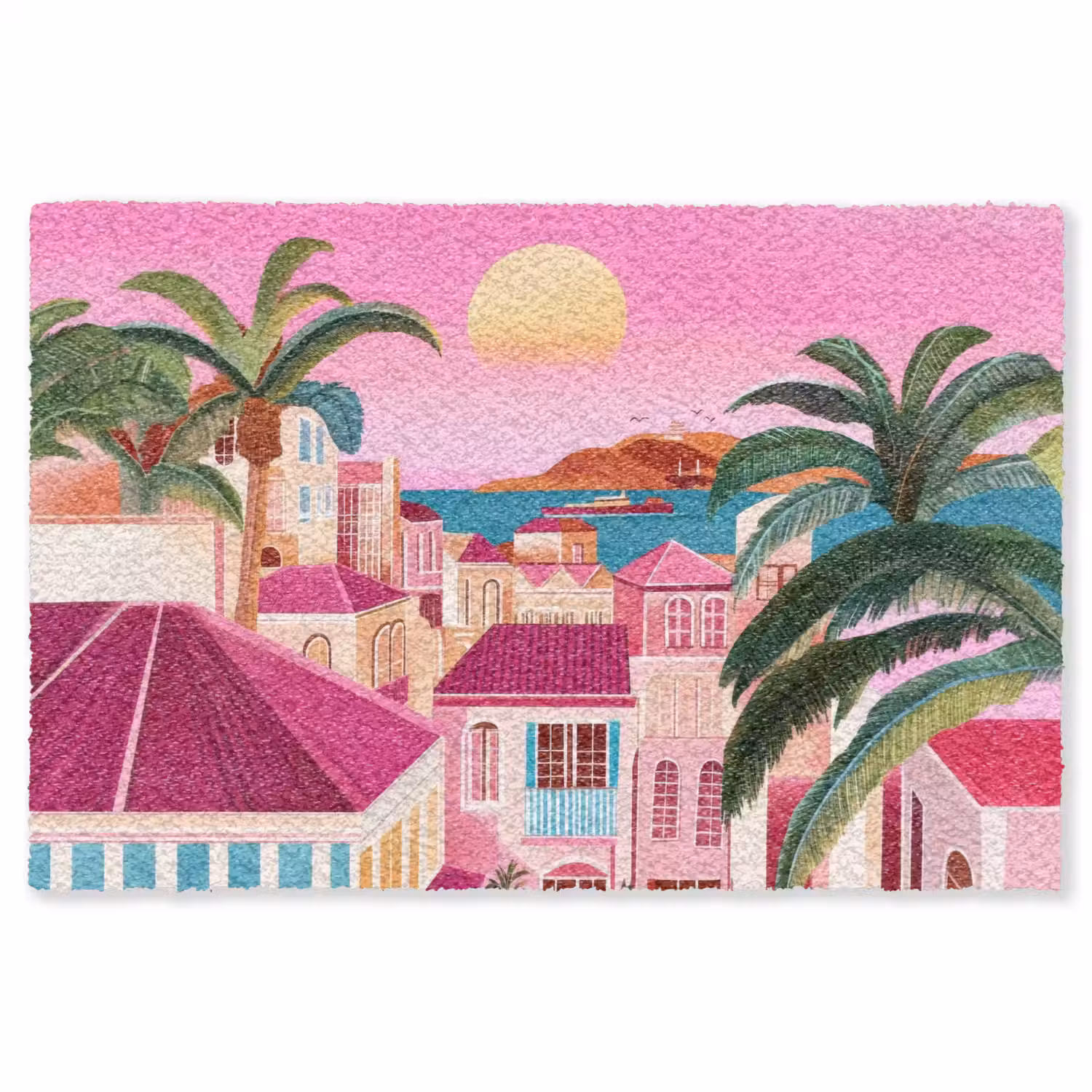 Stad - Roze - Palmbomen Vloerkleed Rechthoek klein -3d