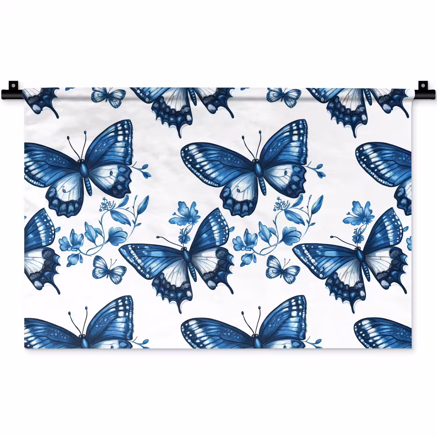 Blauw - Vlinders - Bloemen - Wit Wandkleed katoen klein 269 -zz3d