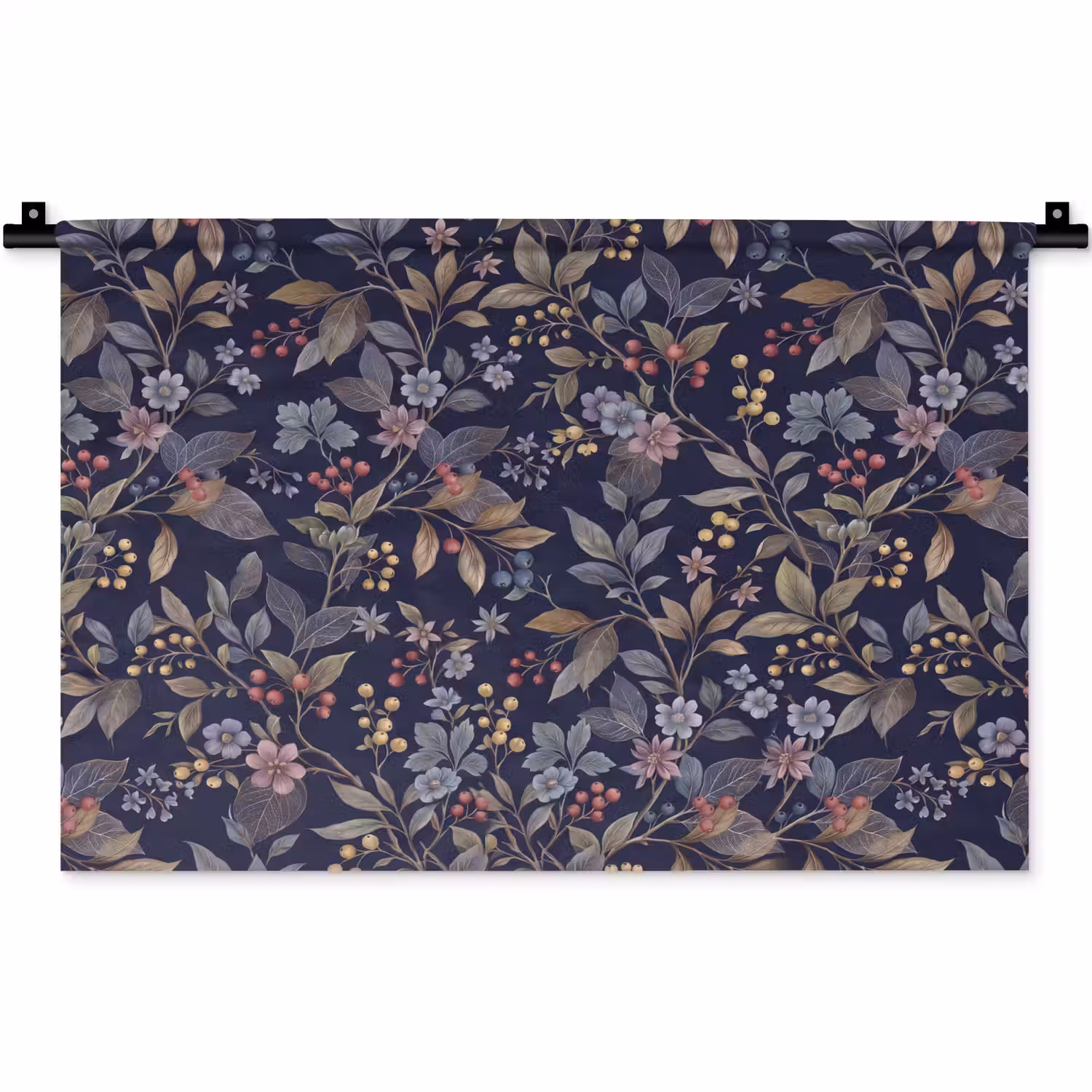 Bloemen - Bladeren - Patroon - Botanisch - Donkerblauw Wandkleed katoen klein -zz3d