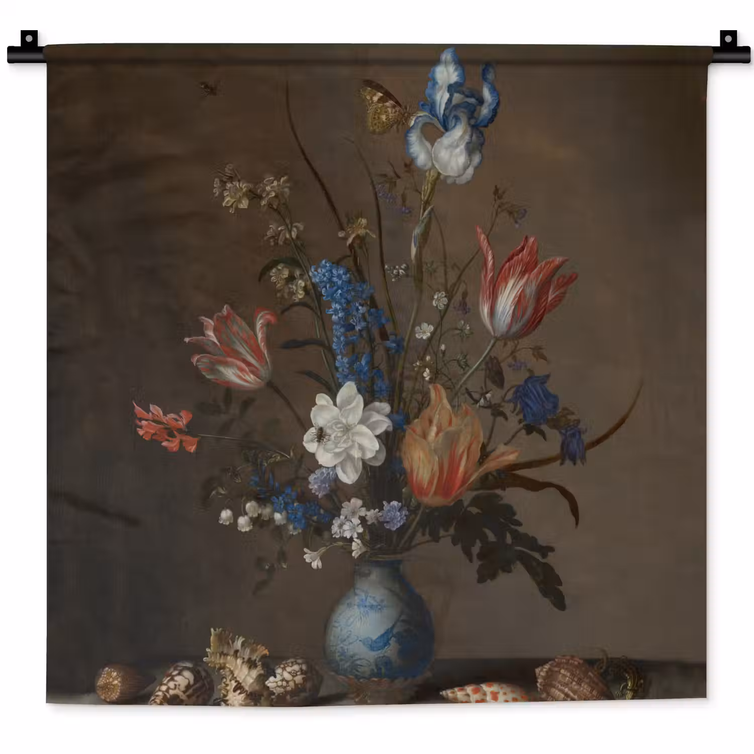 Bloemen in een Wan-Li vaas en schelpen - Schilderij van Balthasar van der Ast Wandkleed katoen klein -zz3d