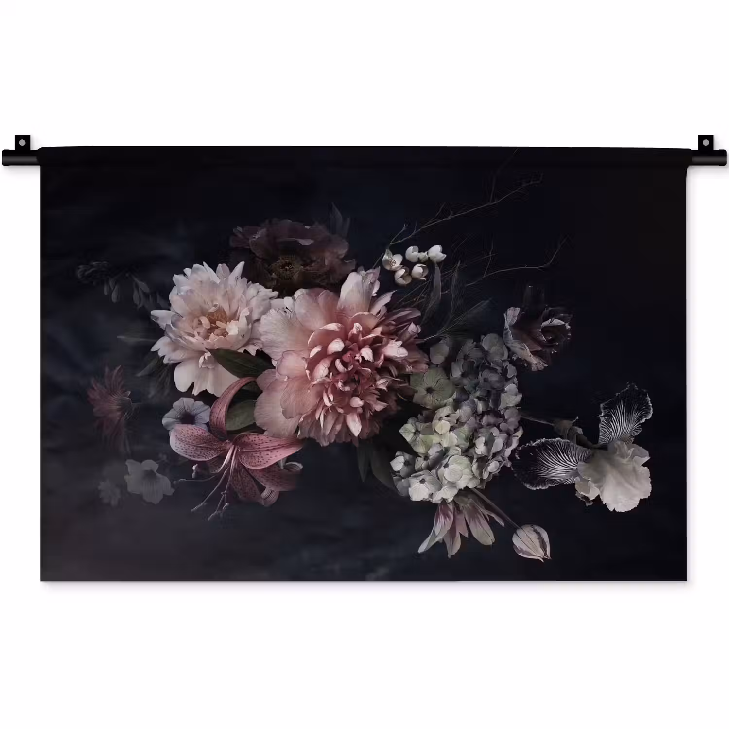 Bloemen - Vintage - Pastel - Zwart - Boeket Wandkleed katoen klein -zz3d