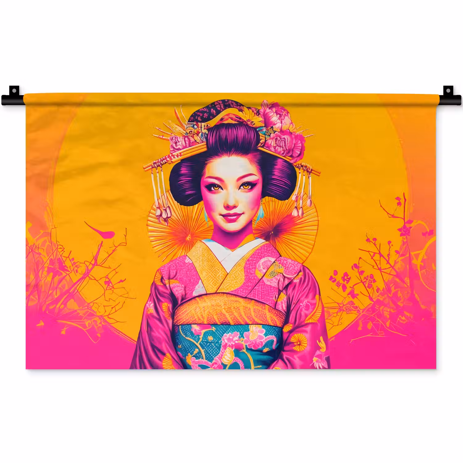 Bloemen - Vrouw - Kimono - Roze Wandkleed katoen klein -zz3d
