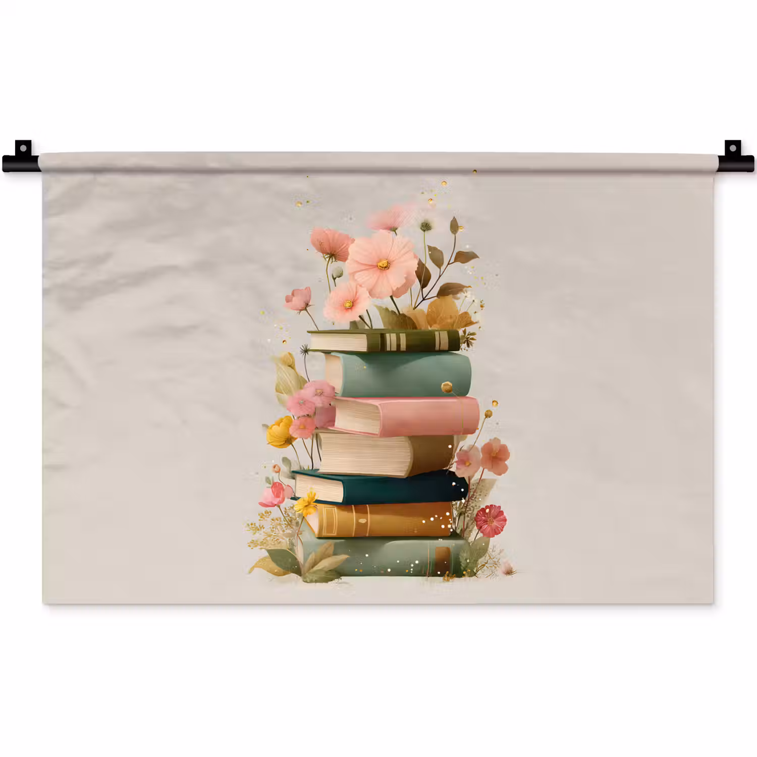 Boeken - Stapel - Bloemen - Kleurrijk Wandkleed katoen klein -zz3d