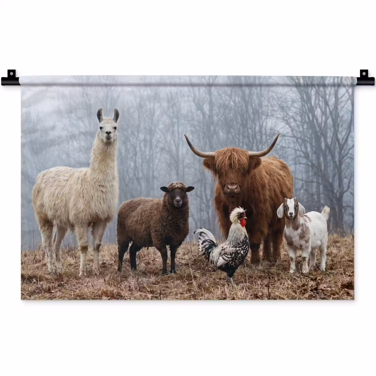 Boerderijdieren - Groep - Mist - Natuur - Rustiek Wandkleed katoen klein -zz3d