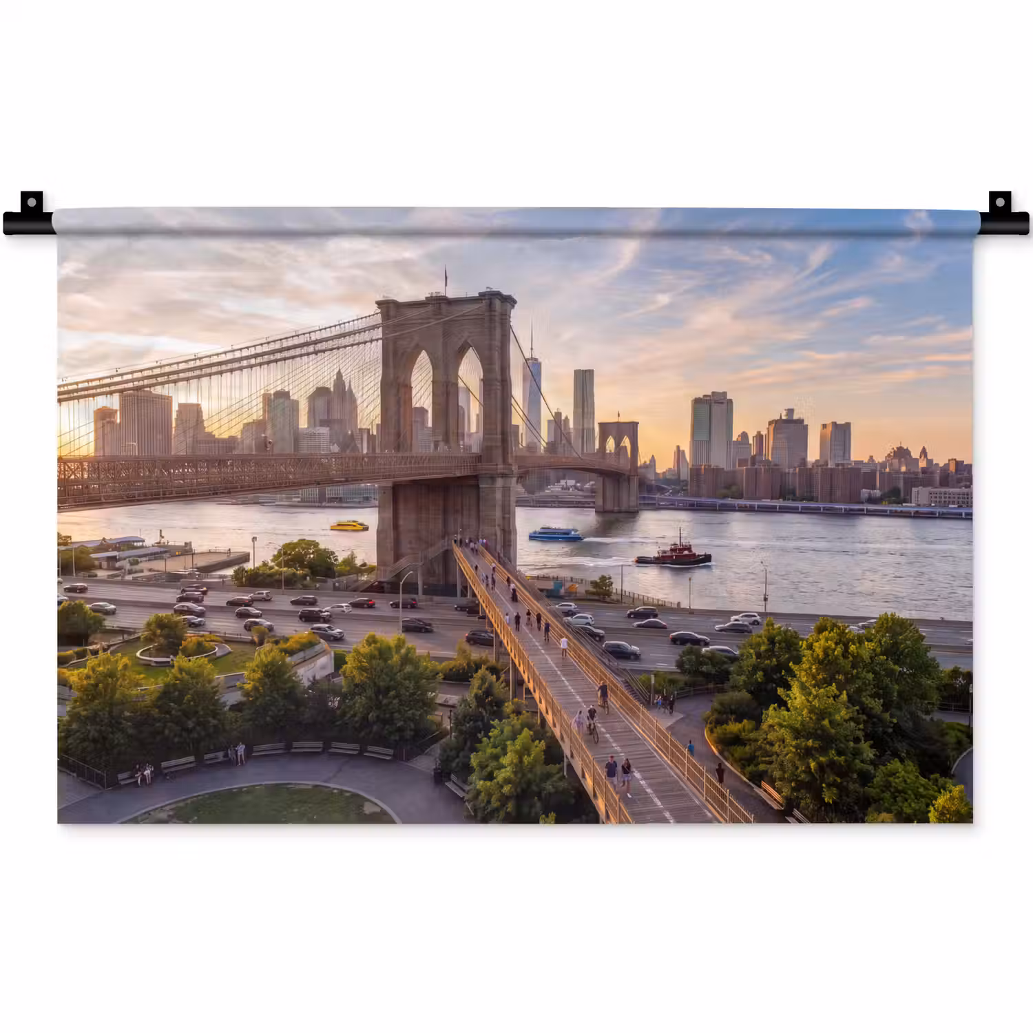 Brug - Rivier - Stad - Zonsondergang - Architectuur Wandkleed katoen klein -zz3d