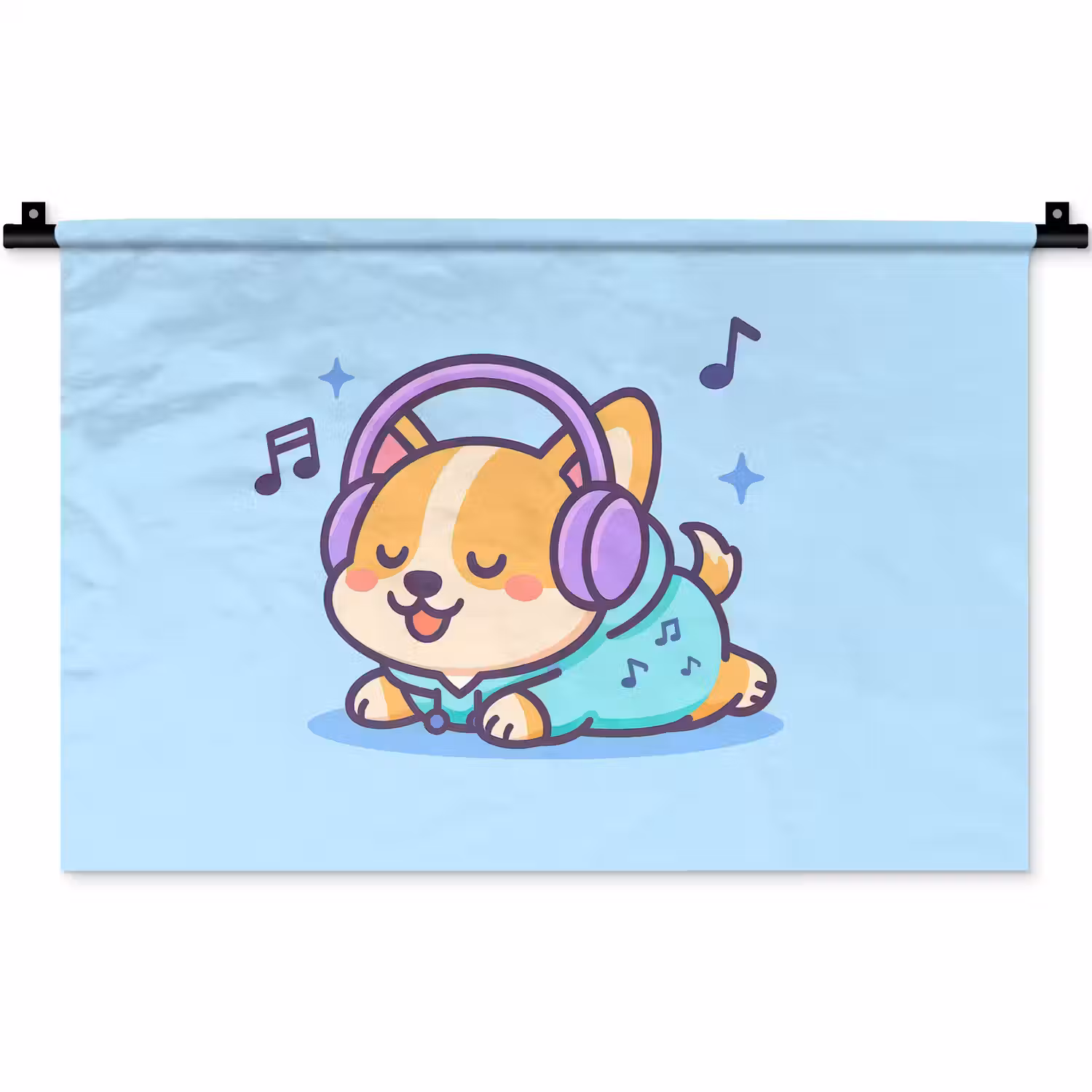 Corgi - Koptelefoon - Blauw - Muzieknoten Wandkleed katoen klein -zz3d