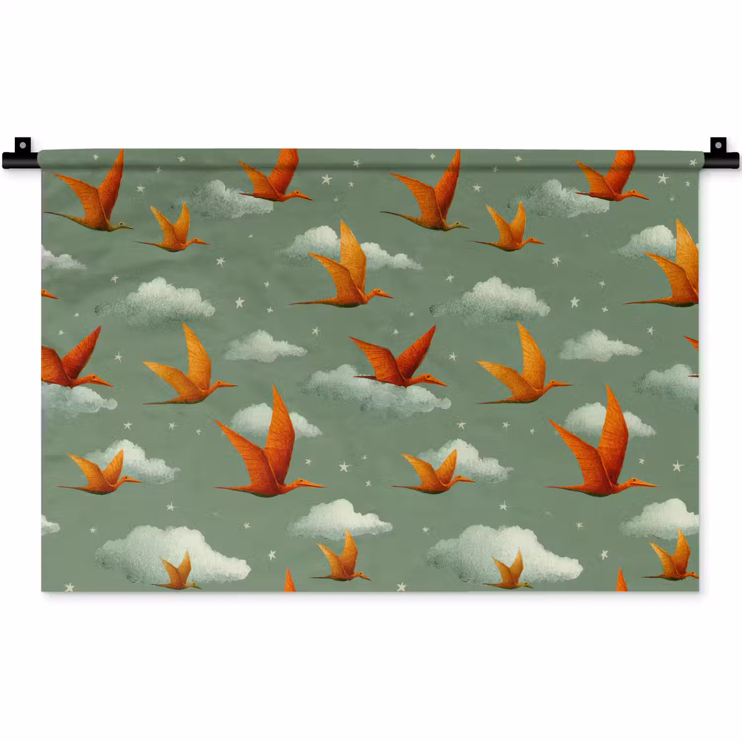 Dinosaurussen - Wolken - Sterren - Oranje Wandkleed katoen klein -zz3d