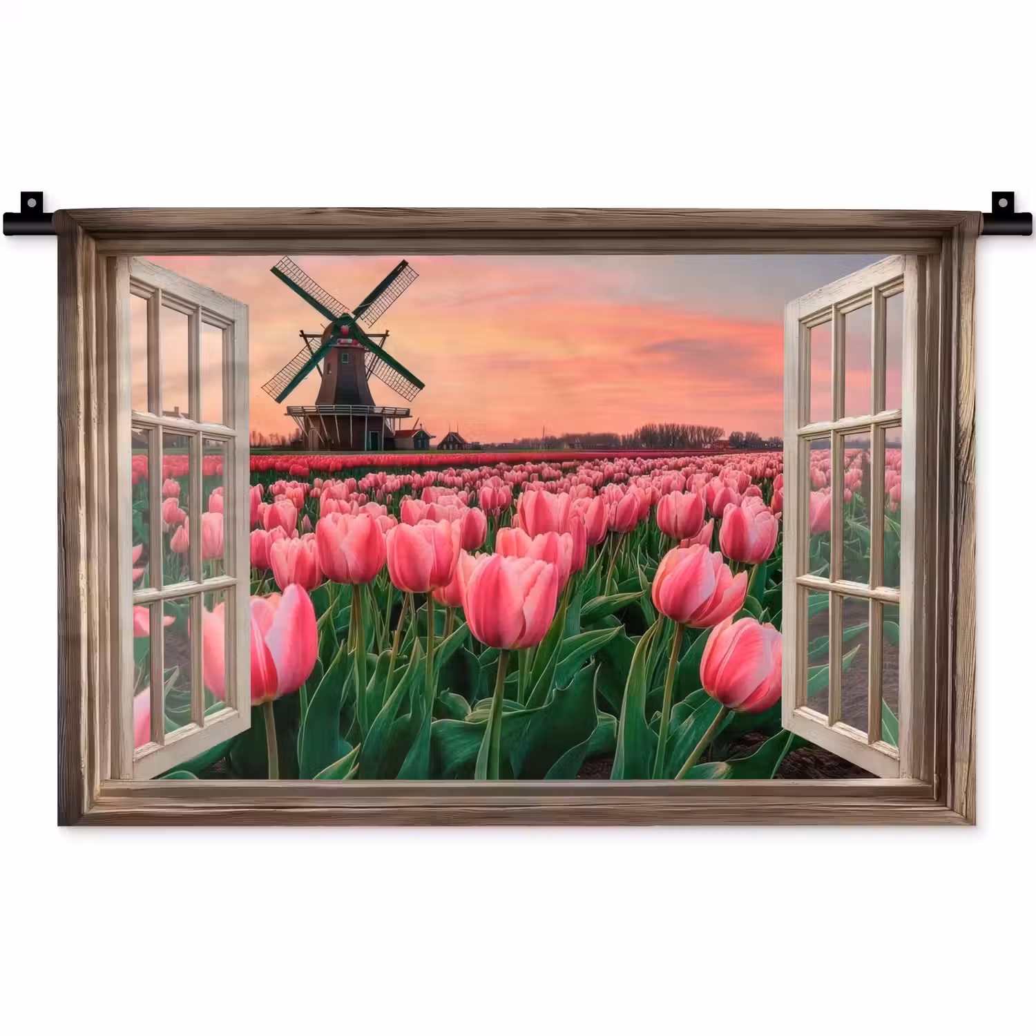 Doorkijk - Tulpen - Bloemen - Molen - Raam Wandkleed katoen klein -zz3d