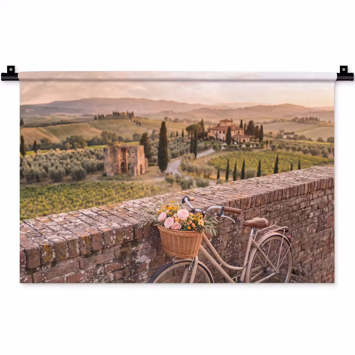 Fiets - Bloemen - Toscane - Landschap - Roze Wandkleed katoen klein -zz3d