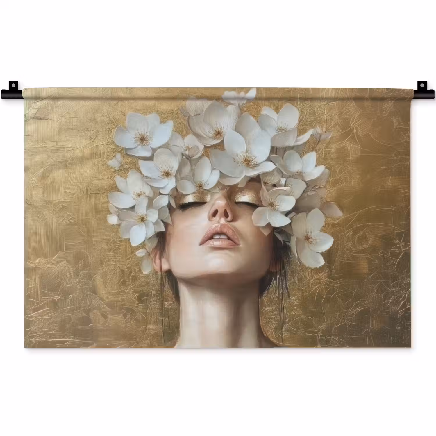 Gezicht - Bloemen - Goud - Abstract Wandkleed katoen klein -zz3d