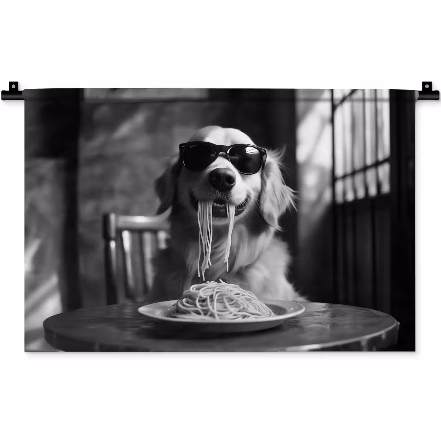 Golden Retriever - Hond - Vrolijk - Bord spaghetti - Zwart - wit Wandkleed katoen klein -zz3d