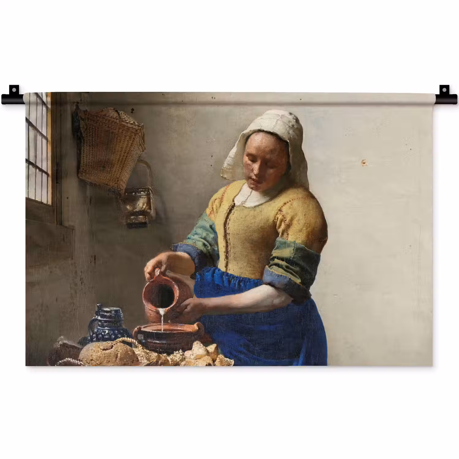 Het melkmeisje - Schilderij van Johannes Vermeer Wandkleed katoen klein -zz3d
