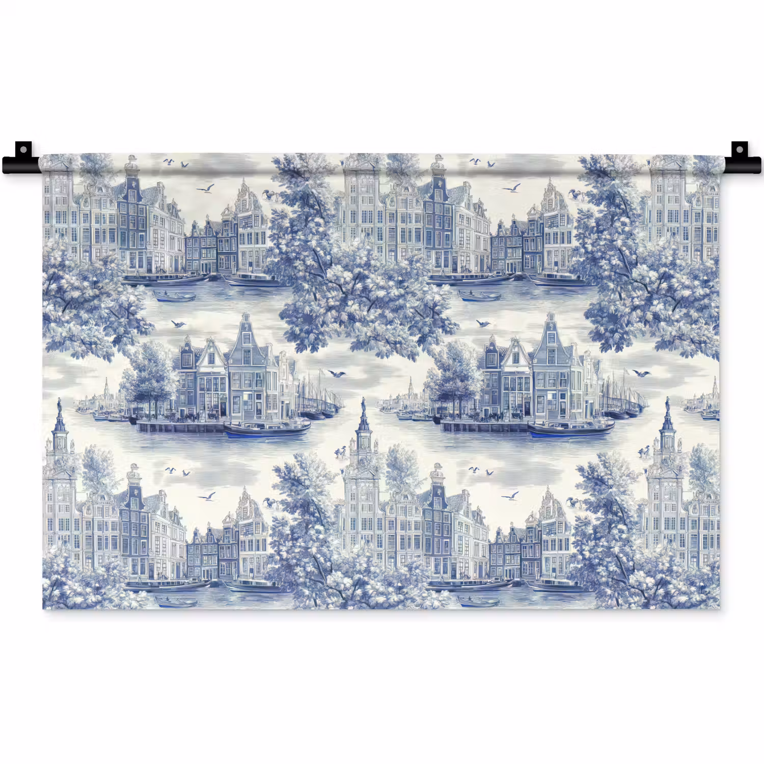 Huizen - Bomen - Water - Vogels - Blauw Wandkleed katoen klein 269 -zz3d