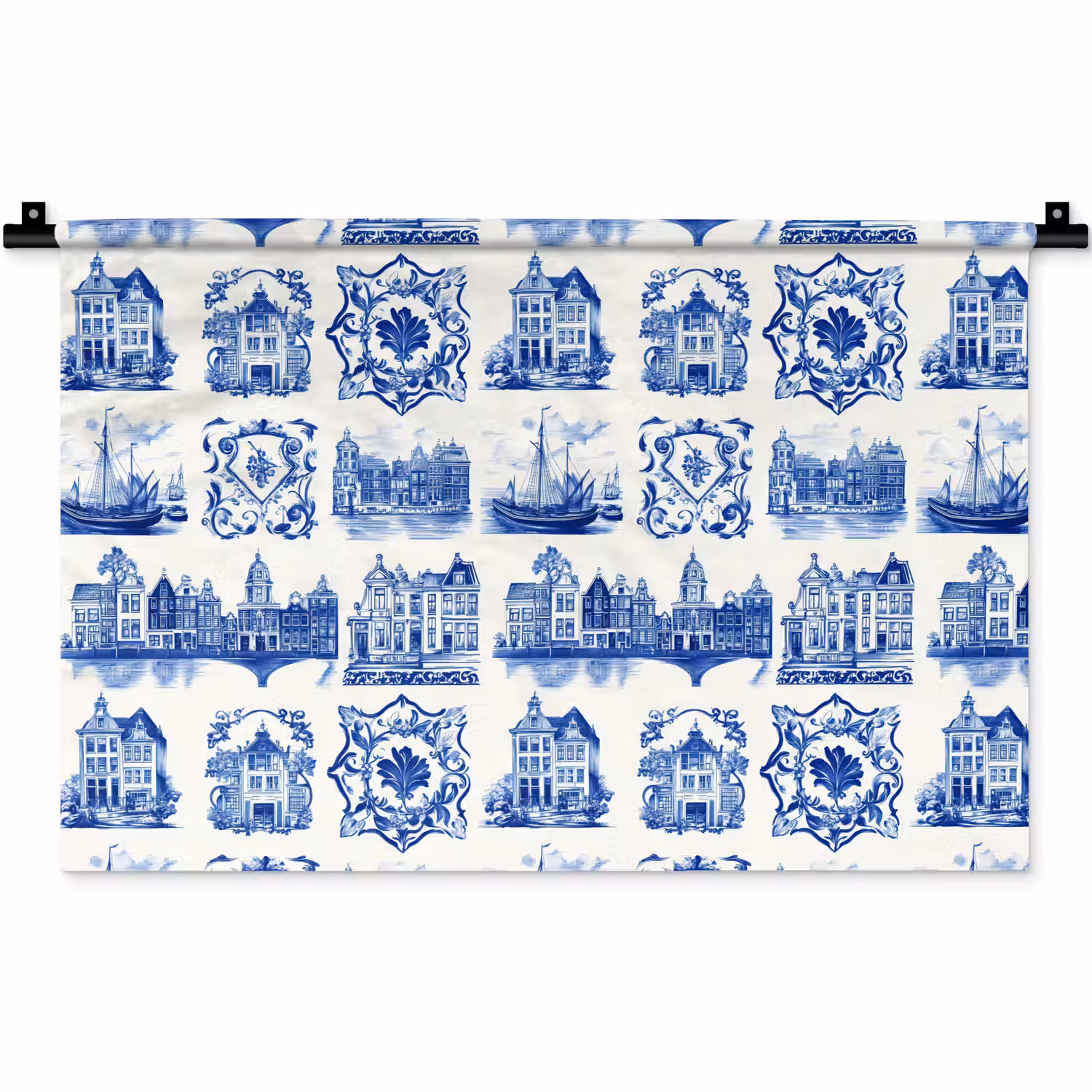 Huizen - Schepen - Blauw Wandkleed katoen klein 269 -zz3d