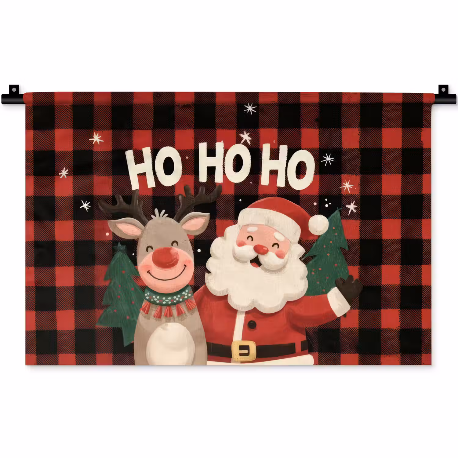 Kerstman - Rendier - Tekst - Rood - Zwart Wandkleed katoen klein -zz3d