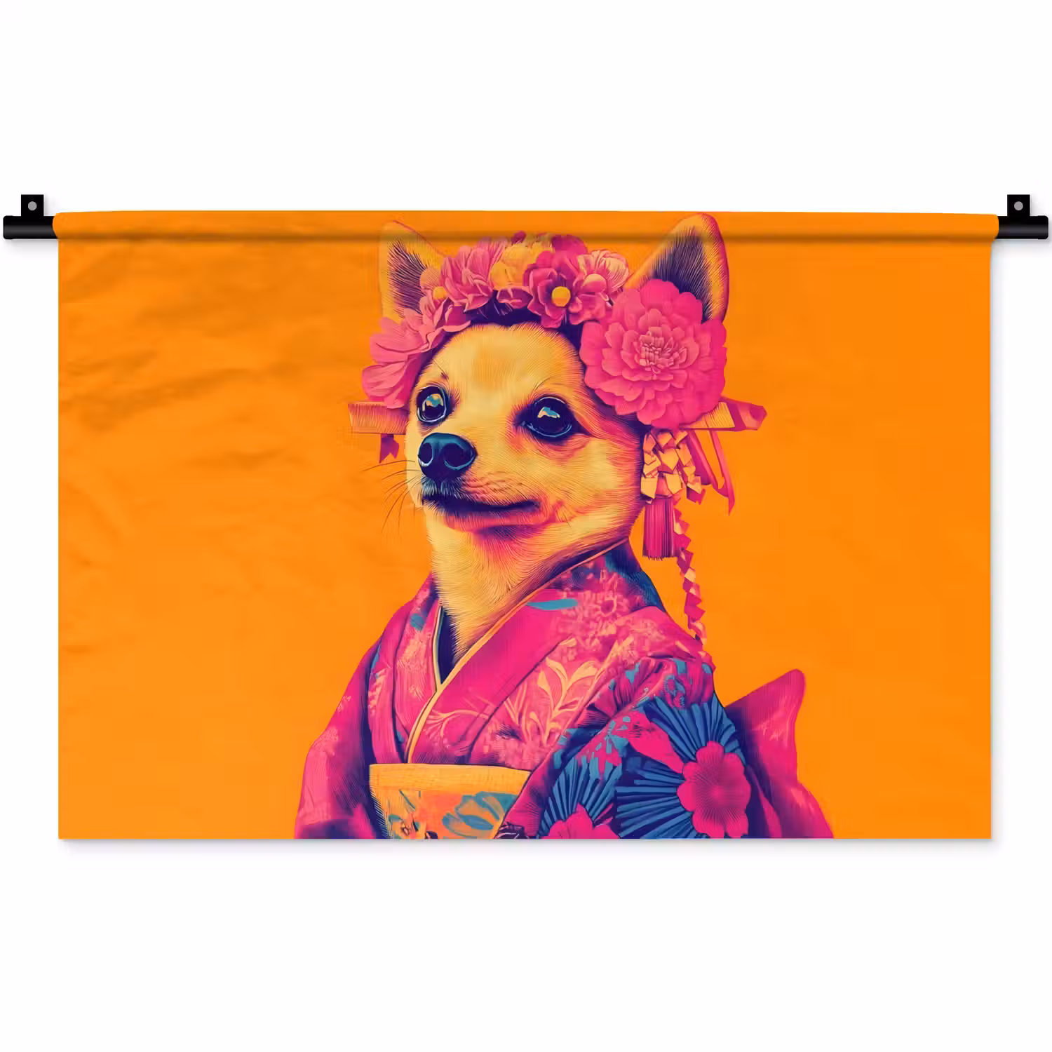 Kimono - Hondje - Bloemenkroon - Oranje Wandkleed katoen klein -zz3d