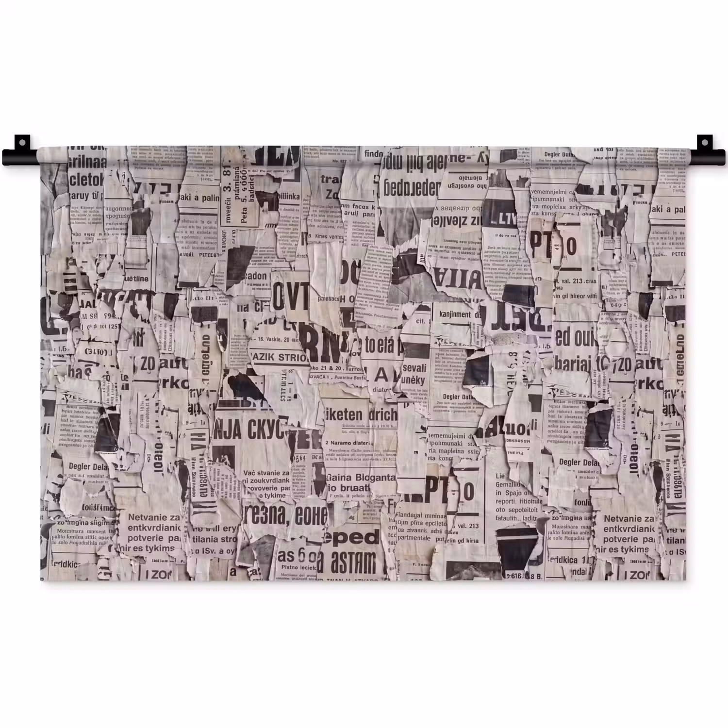 Krant - Gescheurd - Textuur - Abstract - Zwart-wit Wandkleed katoen klein -zz3d