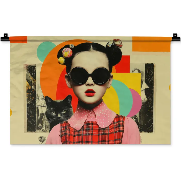 Meisje - Zonnebril - Kat - Retro Wandkleed katoen klein -zz3d