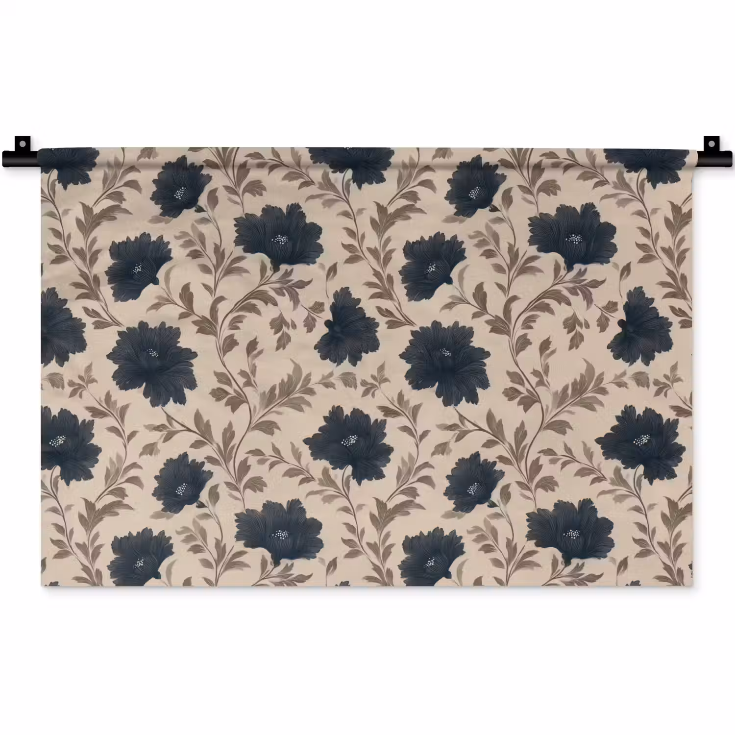 Motief - Bloemen - Zwart - Beige Wandkleed katoen klein 269 -zz3d