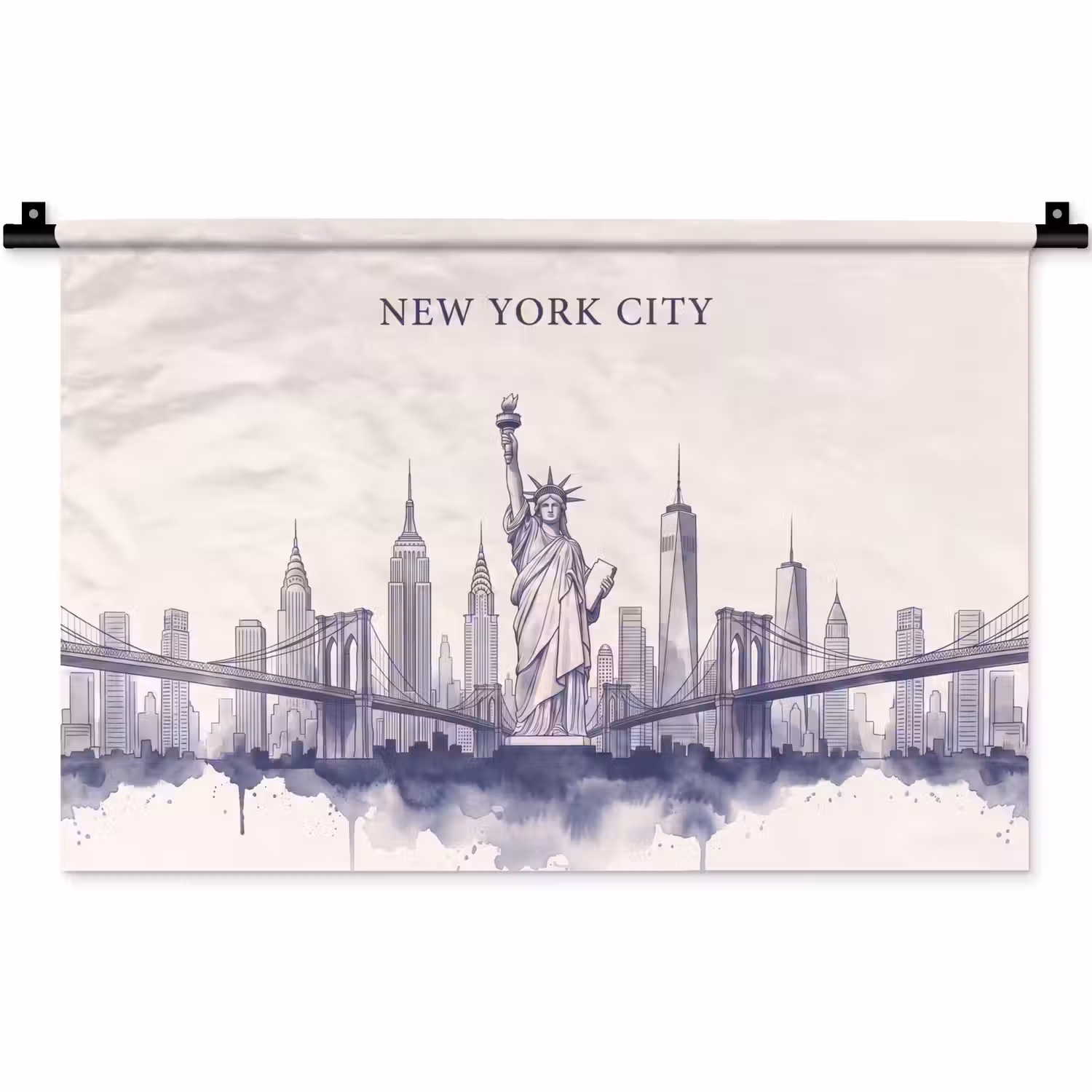 New York - Vrijheidsbeeld - Skyline - Illustratie - Blauw Wandkleed katoen klein -zz3d