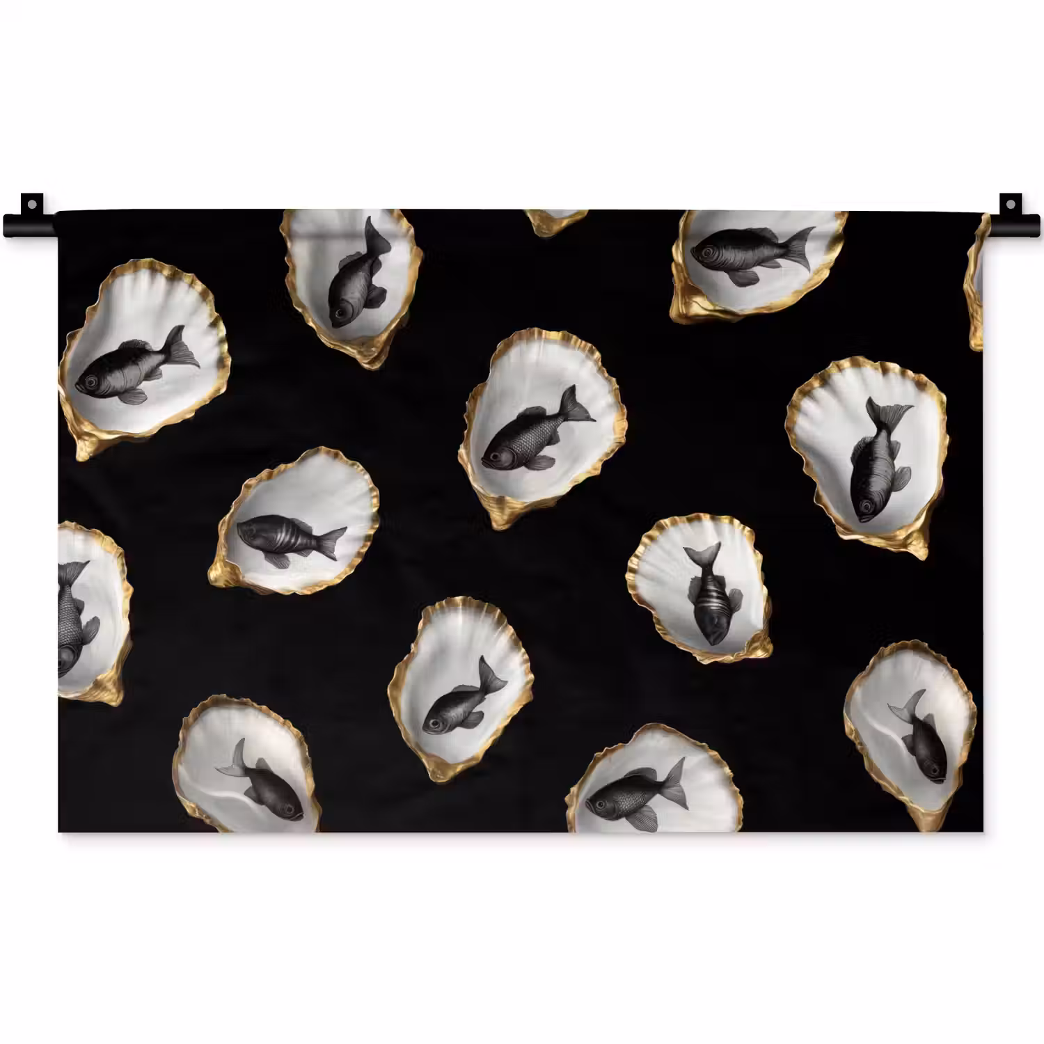 Oesters - Zwart - Vissen - Goud Wandkleed katoen klein -zz3d