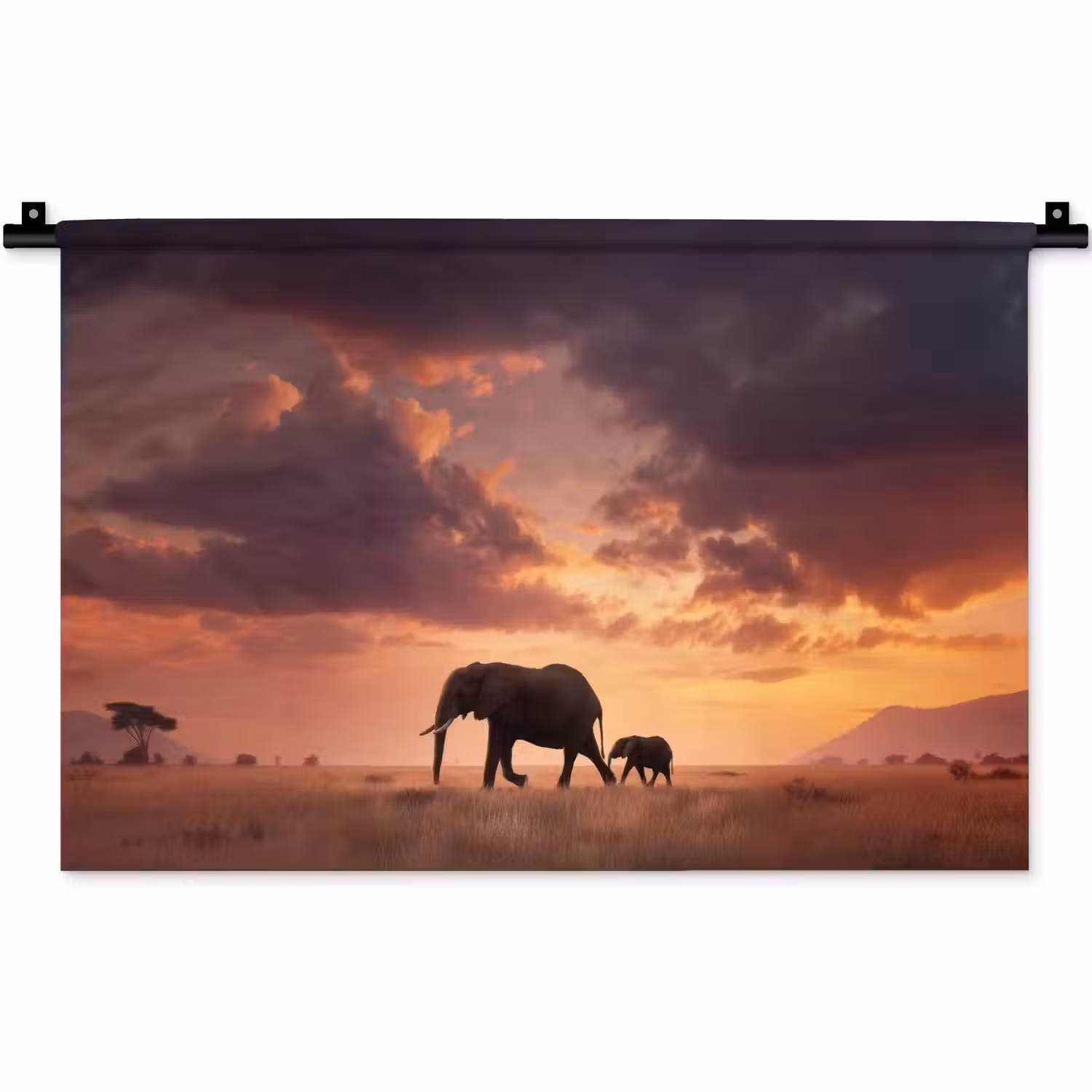 Olifanten - Grasland - Zonsondergang Wandkleed katoen klein -zz3d