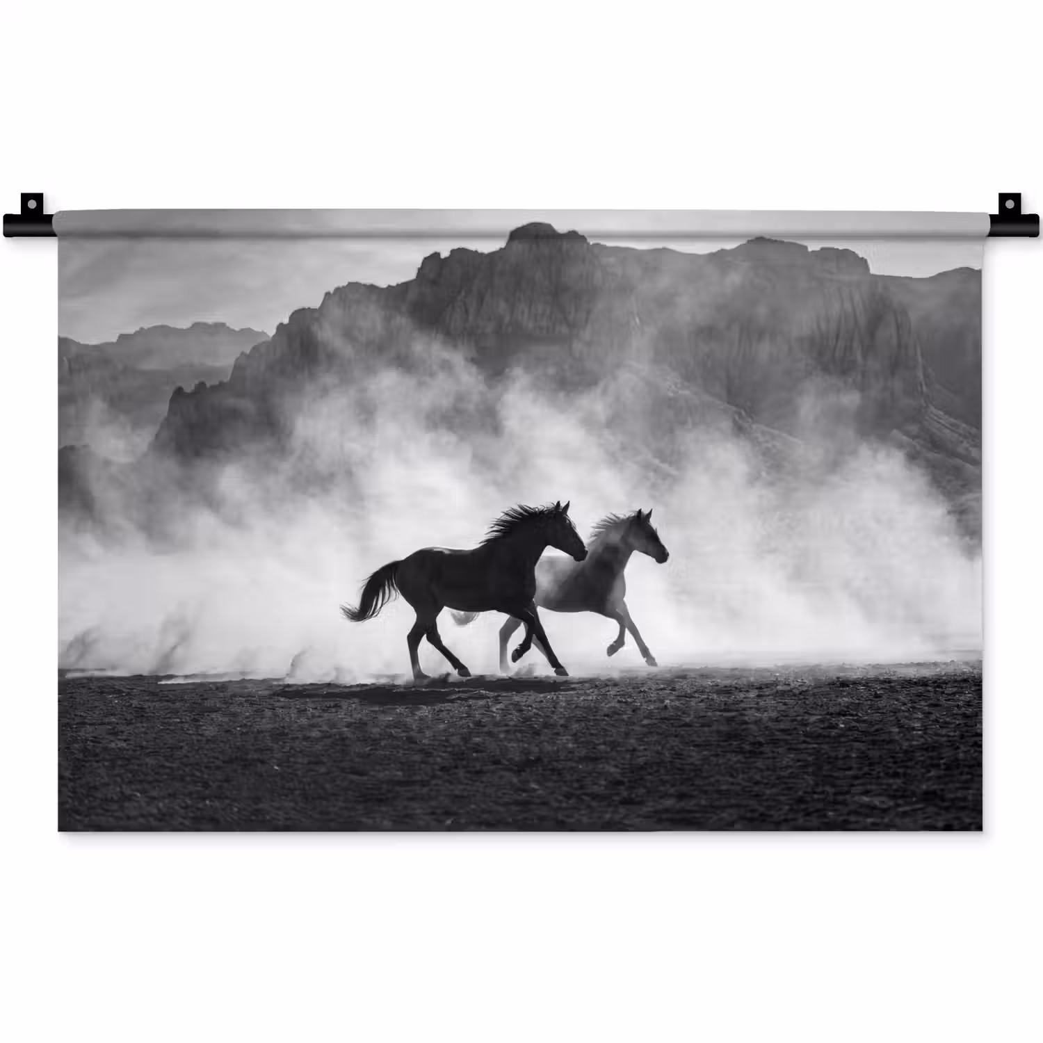 Paard - Ren - Stof - Zwart-wit - Dieren Wandkleed katoen klein -zz3d