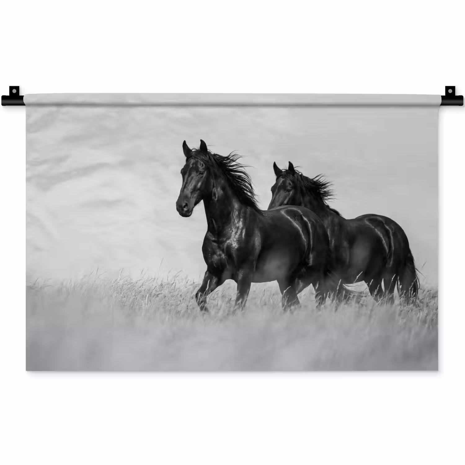 Paarden - Gras - Zwart - Wit Wandkleed katoen klein -zz3d