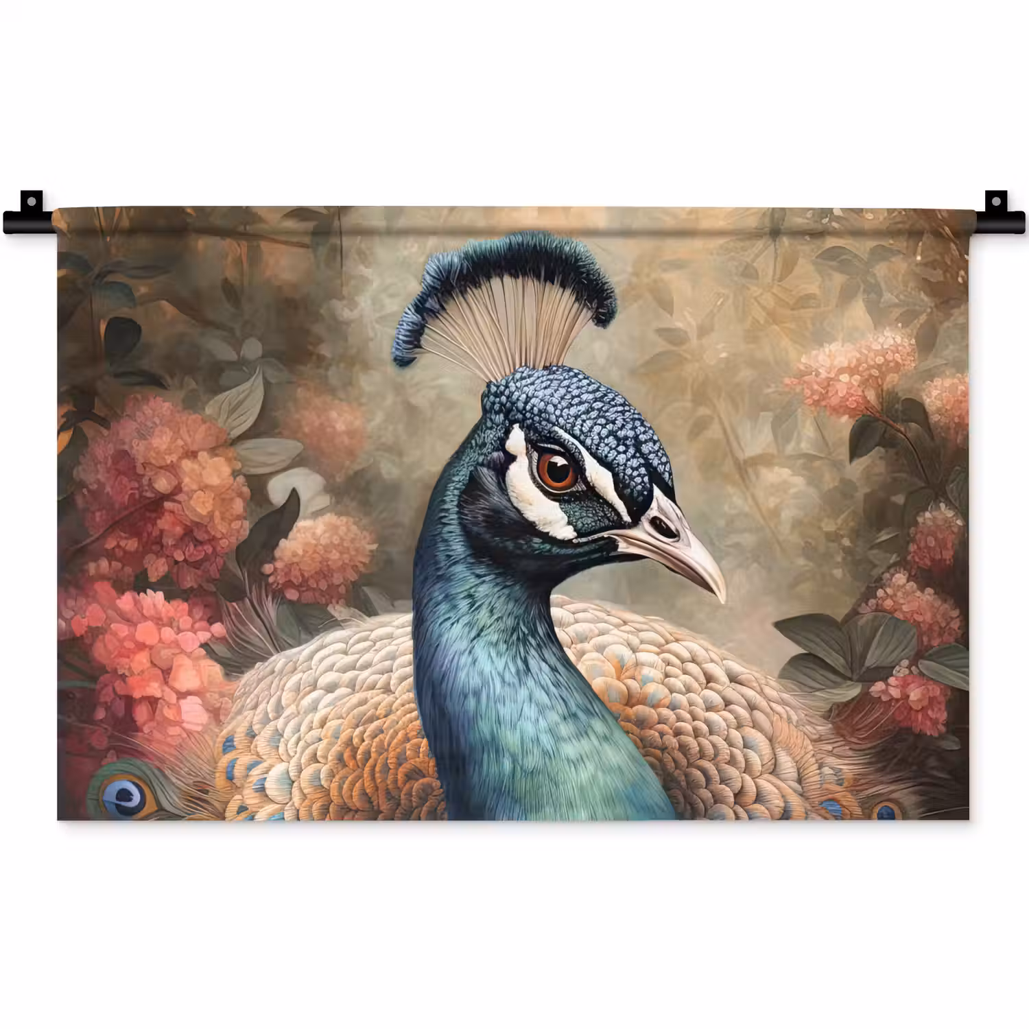 Pauw - Vogel - Bloemen - Planten - Pauwenveren Wandkleed katoen klein -zz3d