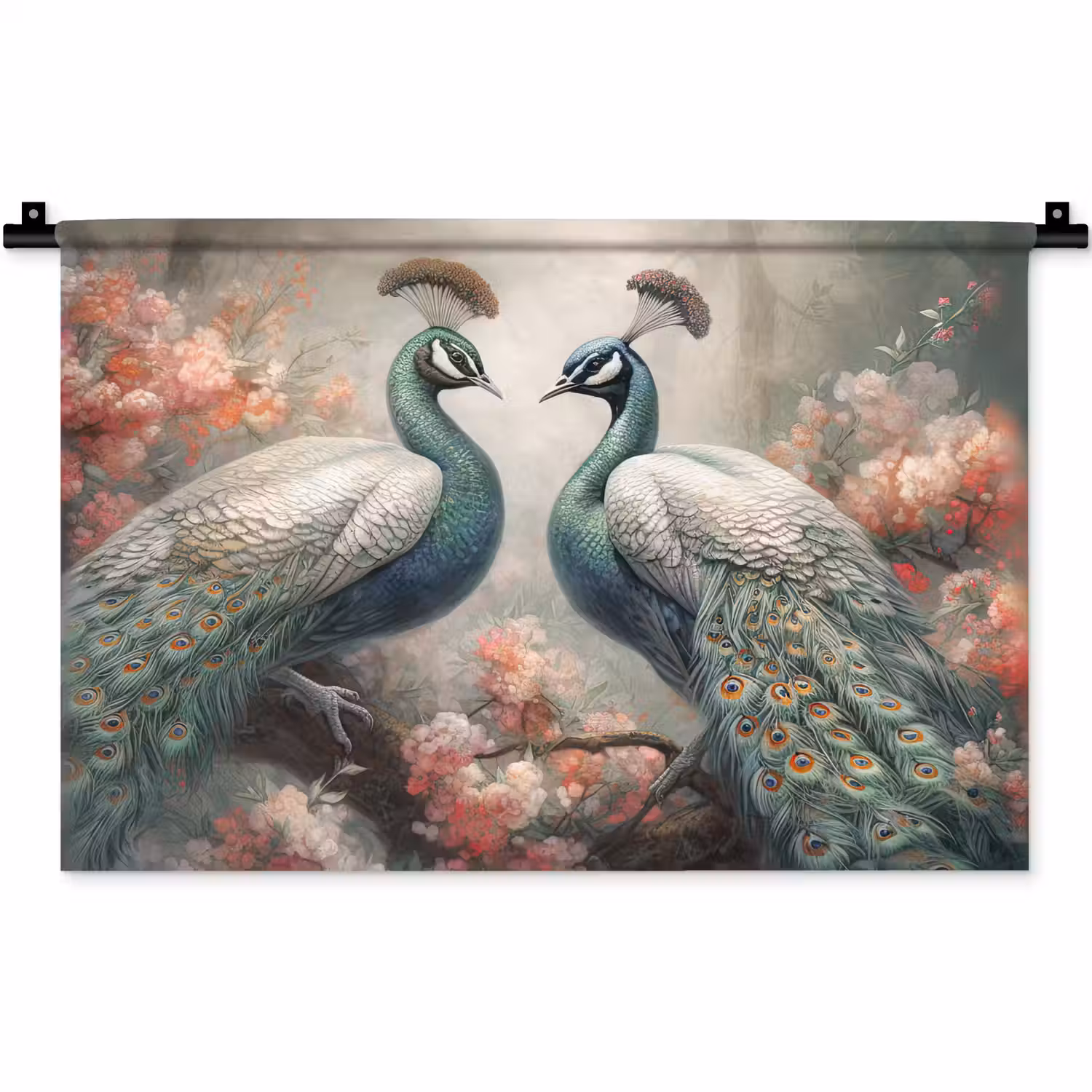 Pauwen - Pauwenveren - Vogels - Bloemen - Natuur Wandkleed katoen klein -zz3d