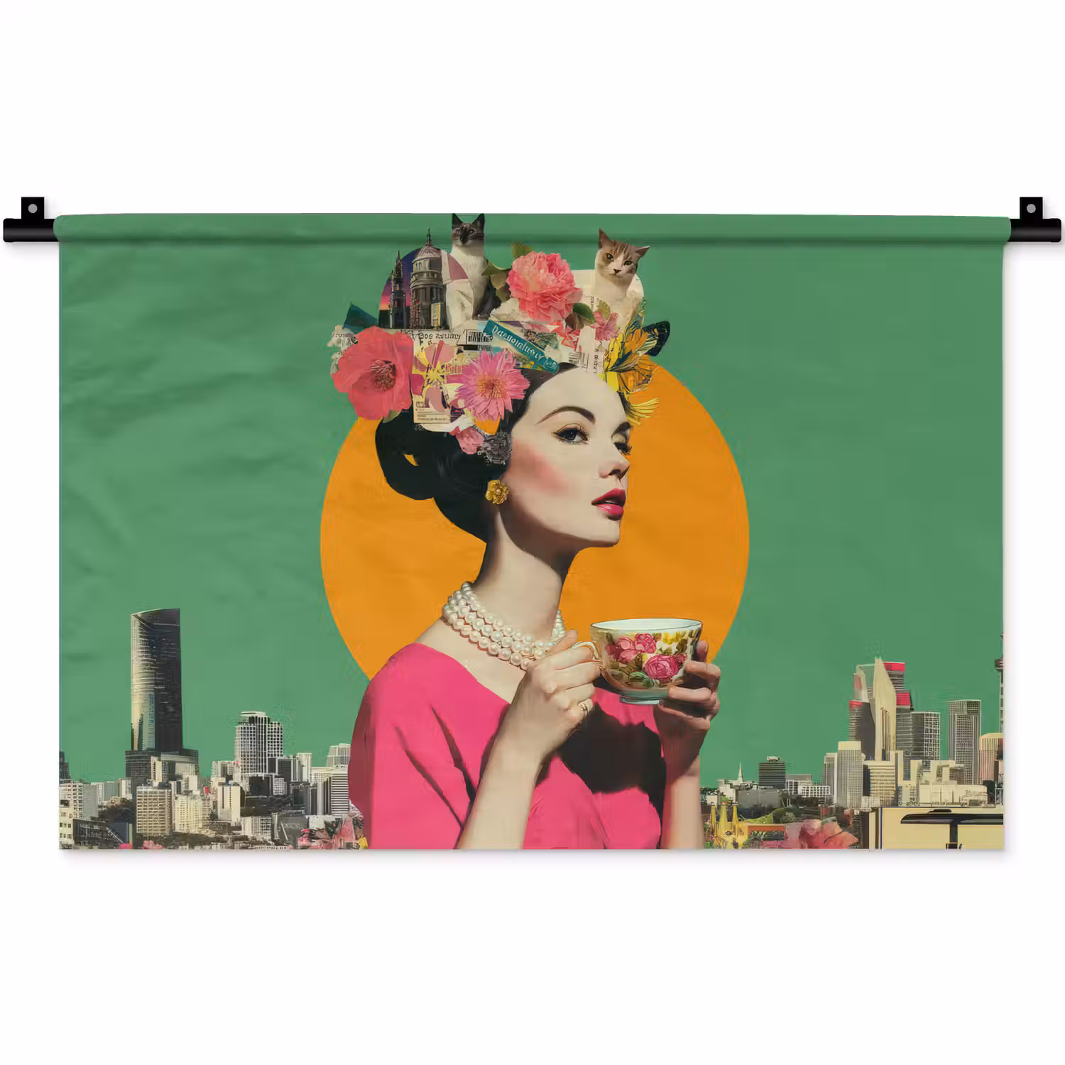 Retro - Vrouw - Stad - Zon Wandkleed katoen klein -zz3d