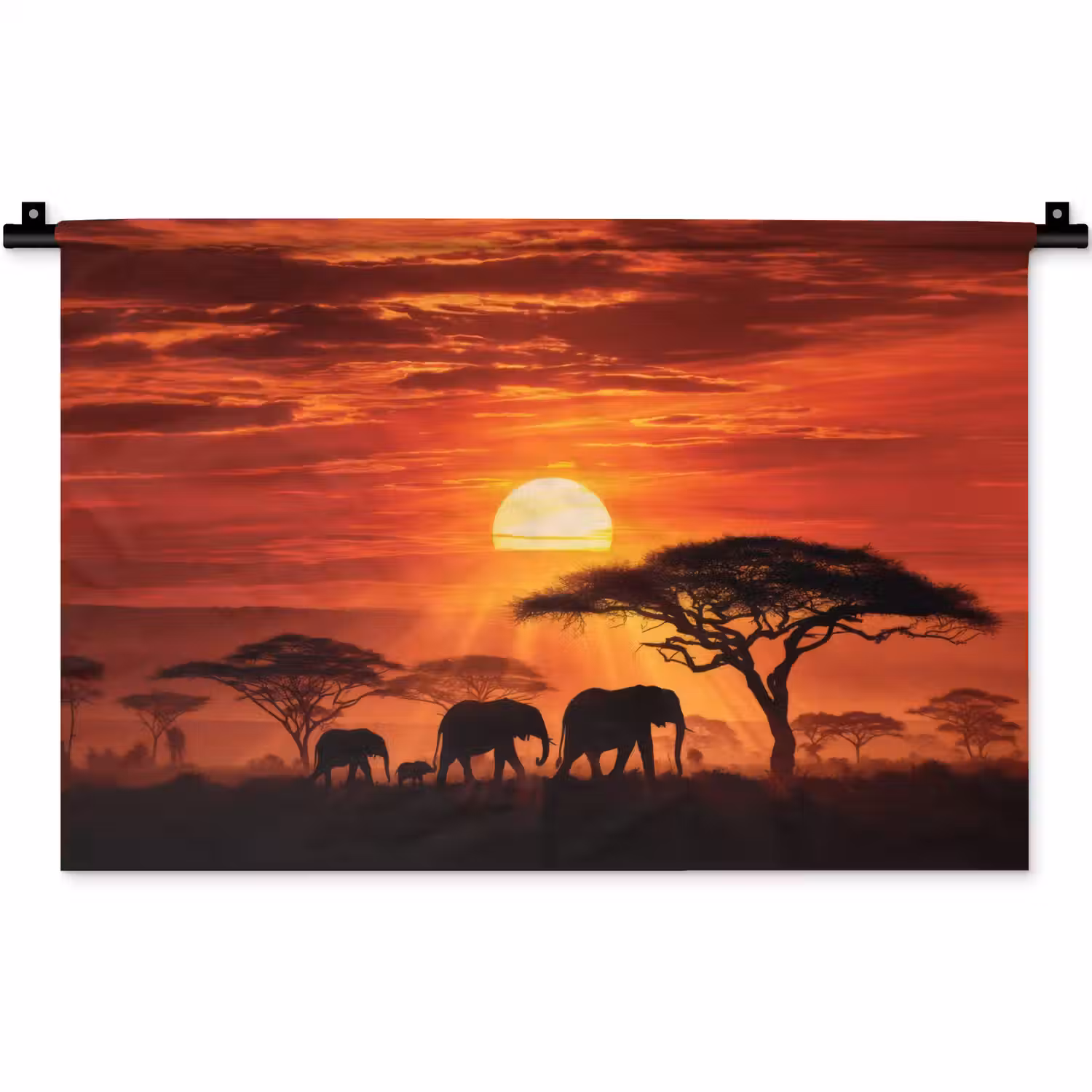 Savanne - Olifanten - Zonsondergang Wandkleed katoen klein -zz3d