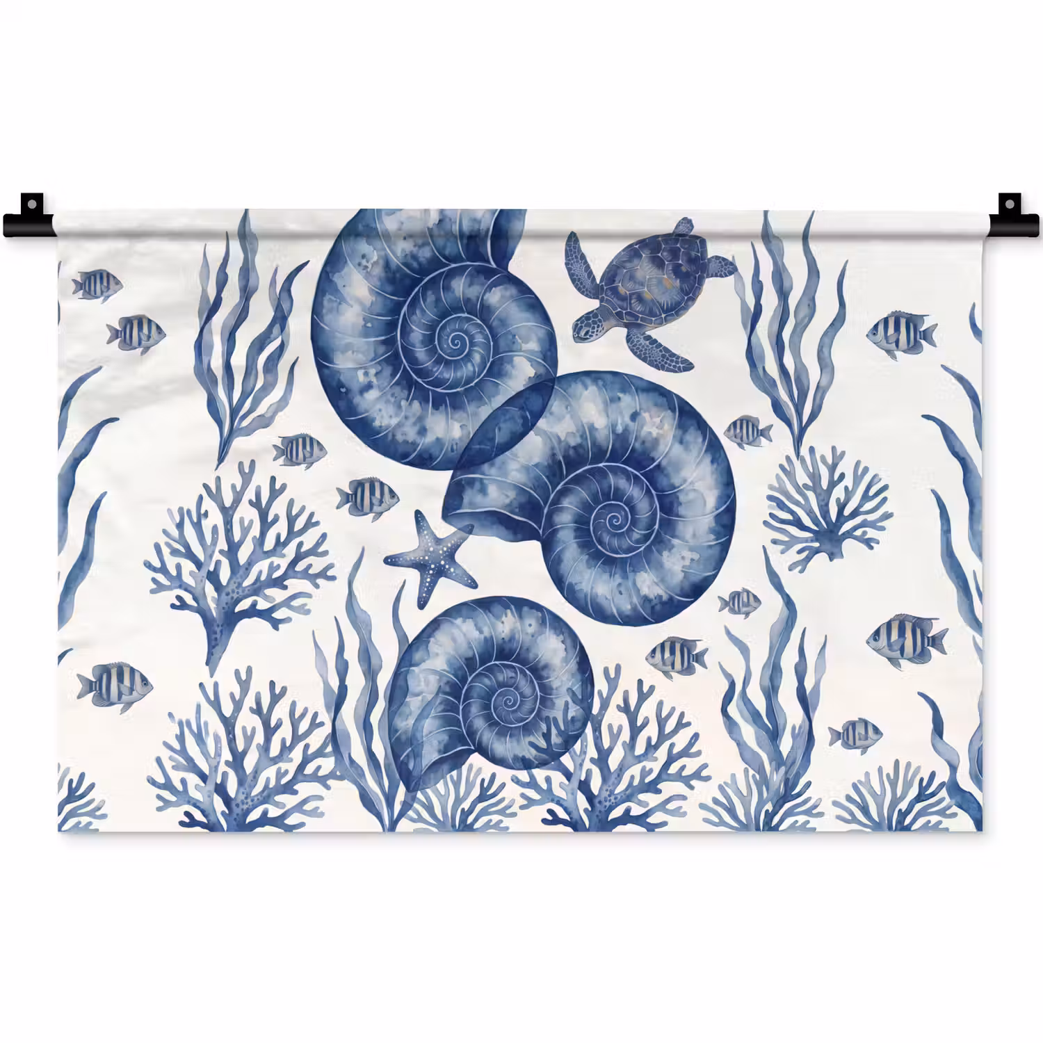 Schelp - Spiraal - Zeeleven - Aquarel - Blauw Wandkleed katoen klein -zz3d