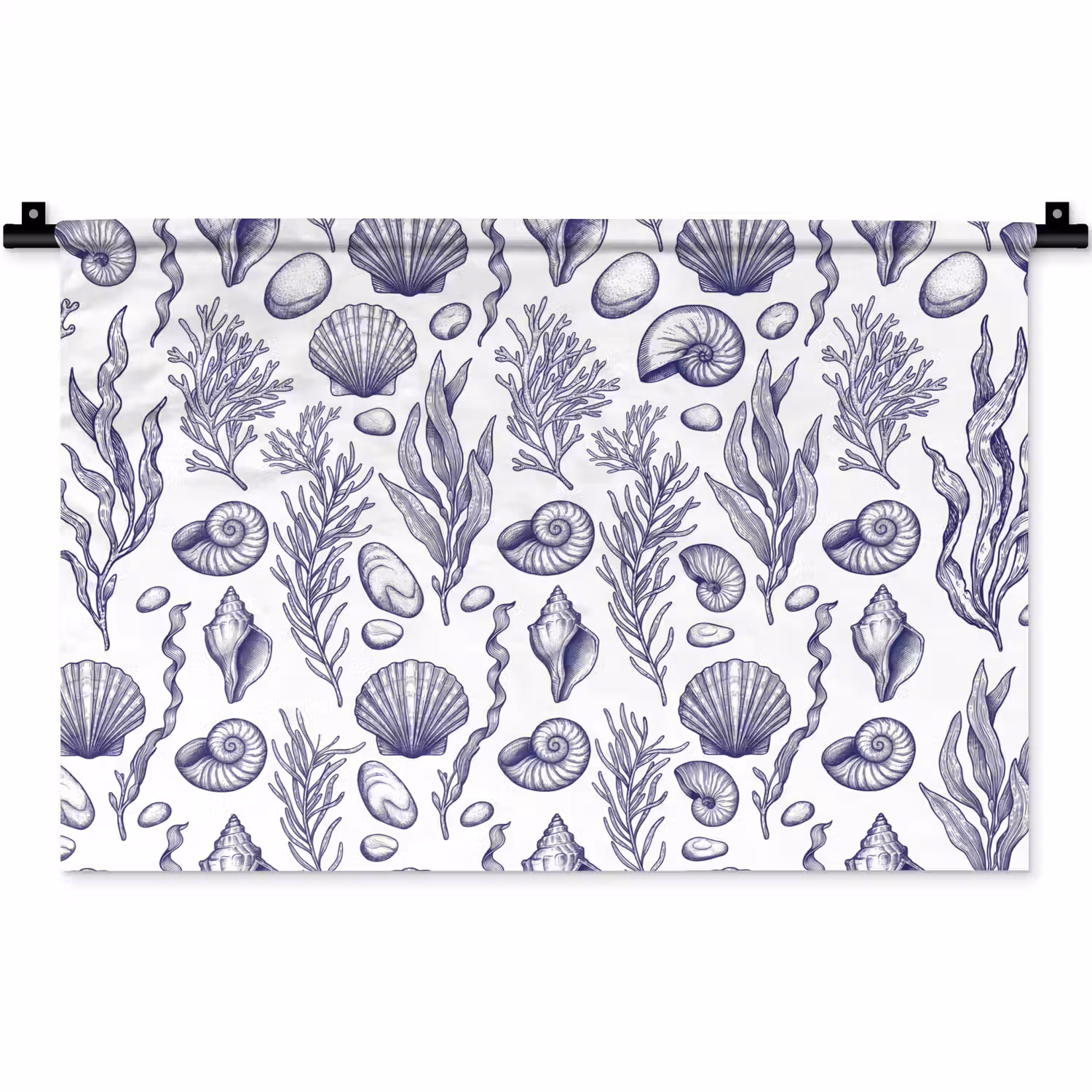 Schelpen - Zeewier - Oceaan - Illustratie - Blauw Wandkleed katoen klein -zz3d
