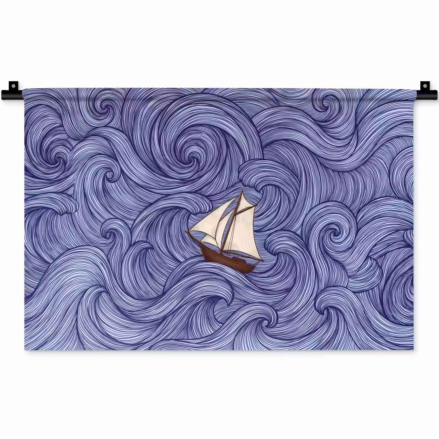 Schip - Golven - Zee - Illustratie - Blauw Wandkleed katoen klein -zz3d