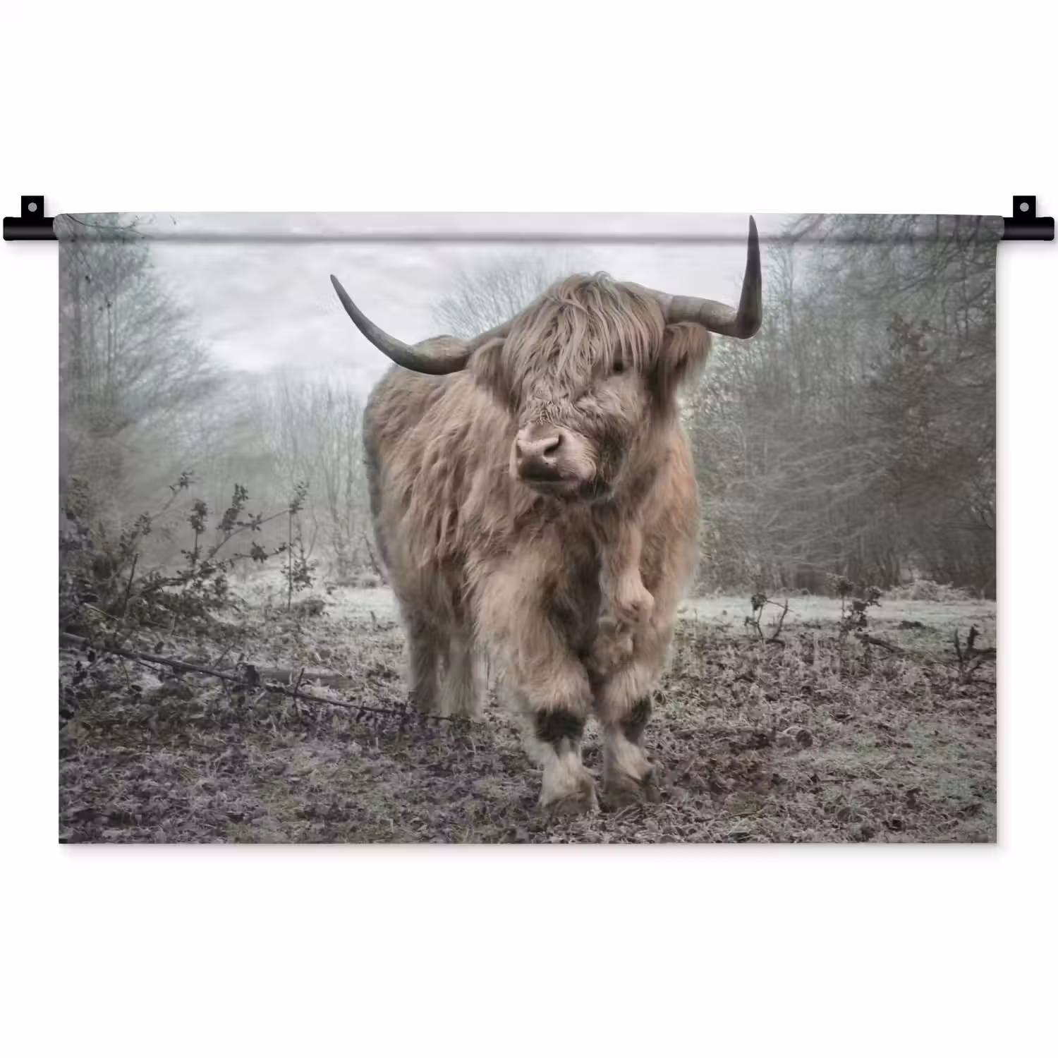 Schotse Hooglander - Bos - Mist - Koe - Dieren - Natuur Wandkleed katoen klein -zz3d