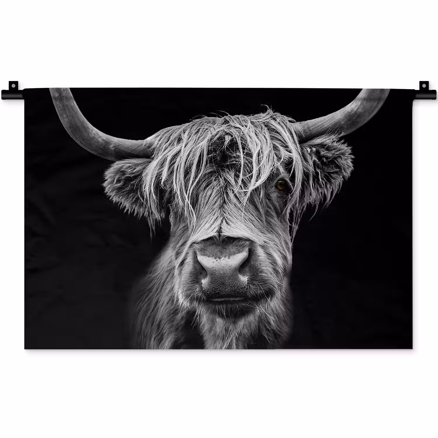 Schotse Hooglander - Horens - Zwart - Wit - Koe - Wild - Dieren Wandkleed katoen klein -zz3d