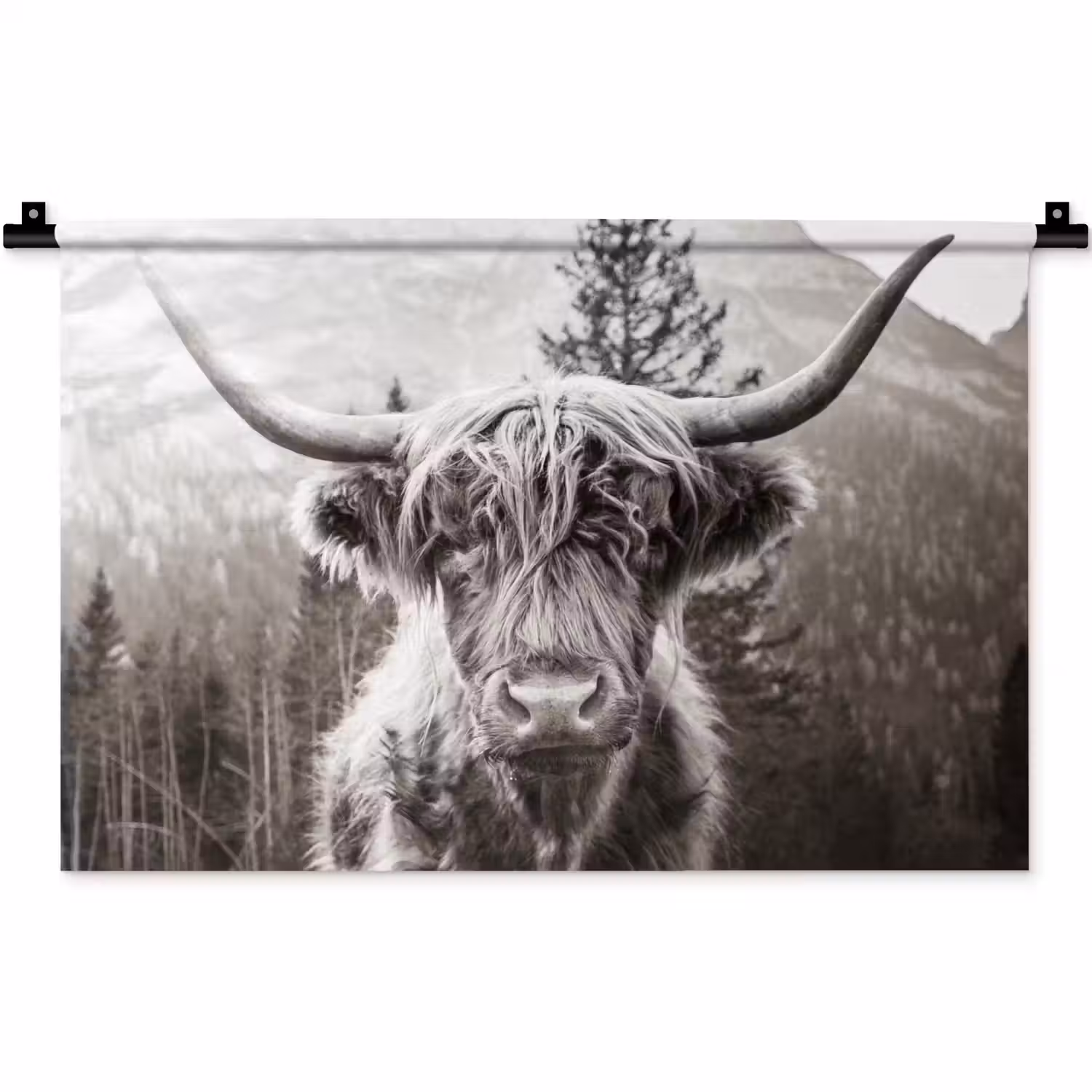 Schotse hooglander - Koe - Dieren - Zwart - Wit Wandkleed katoen klein -zz3d