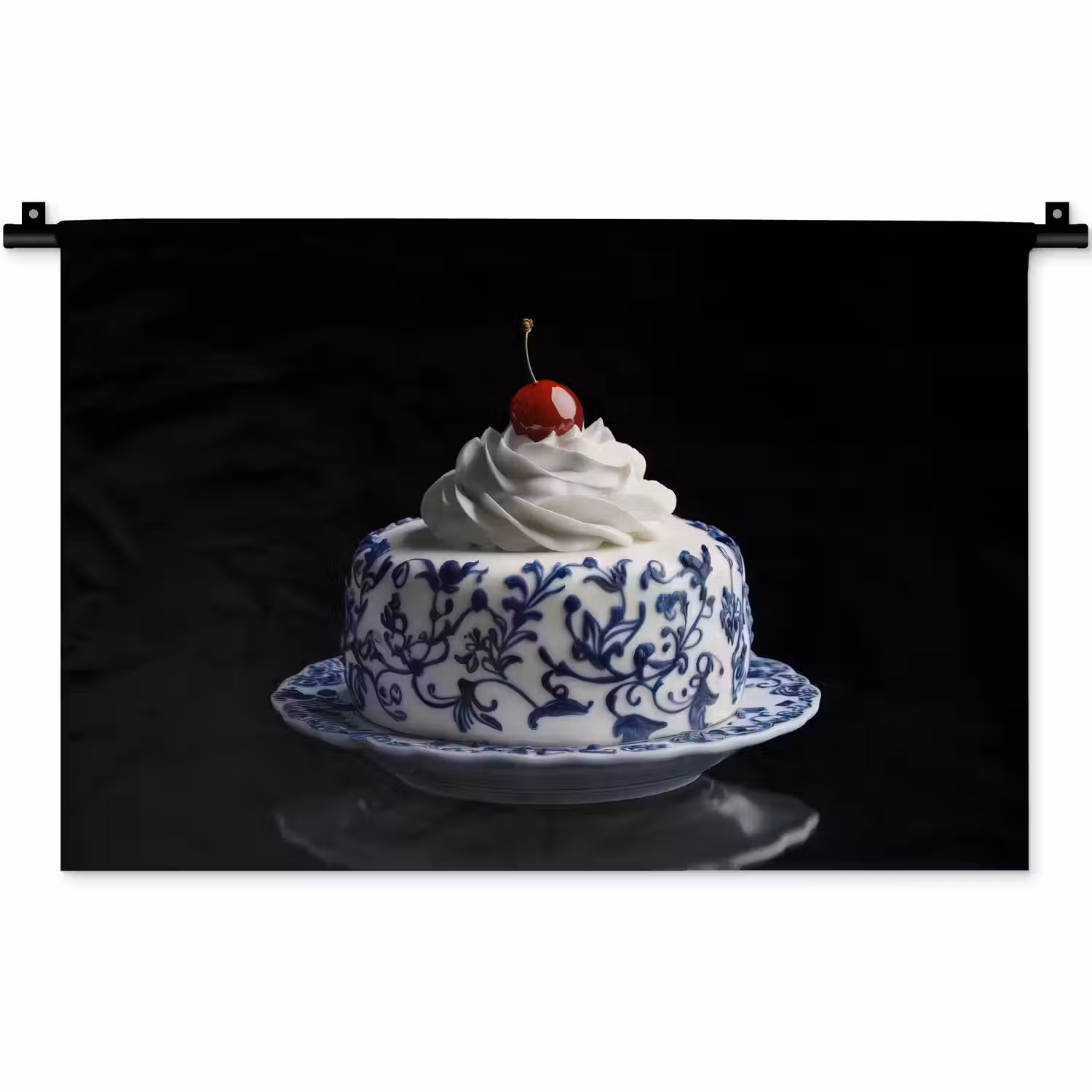 Taart - Slagroom - Kers - Bord - Delfts blauw Wandkleed katoen klein -zz3d