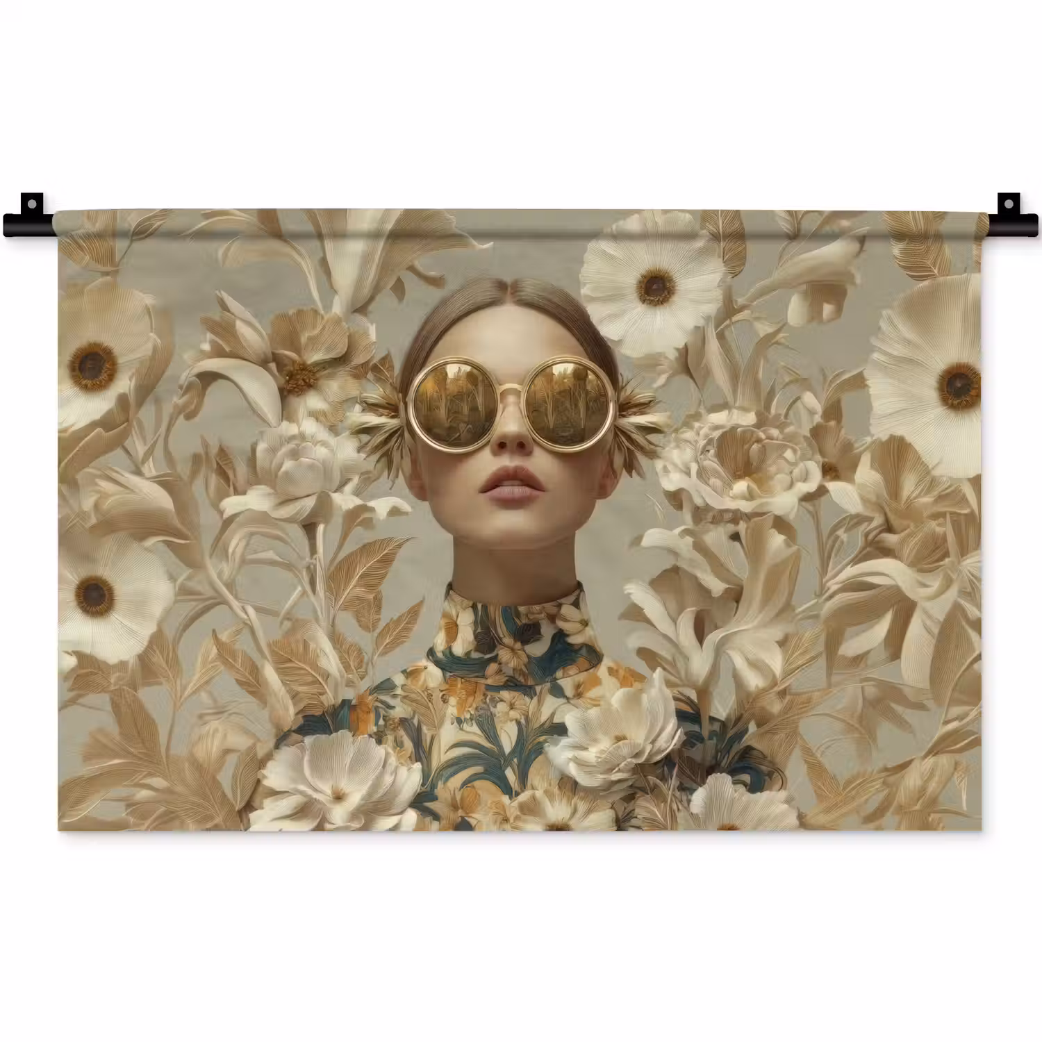 Vrouw - Bloemen - Zonnebril - Wit Wandkleed katoen klein -zz3d