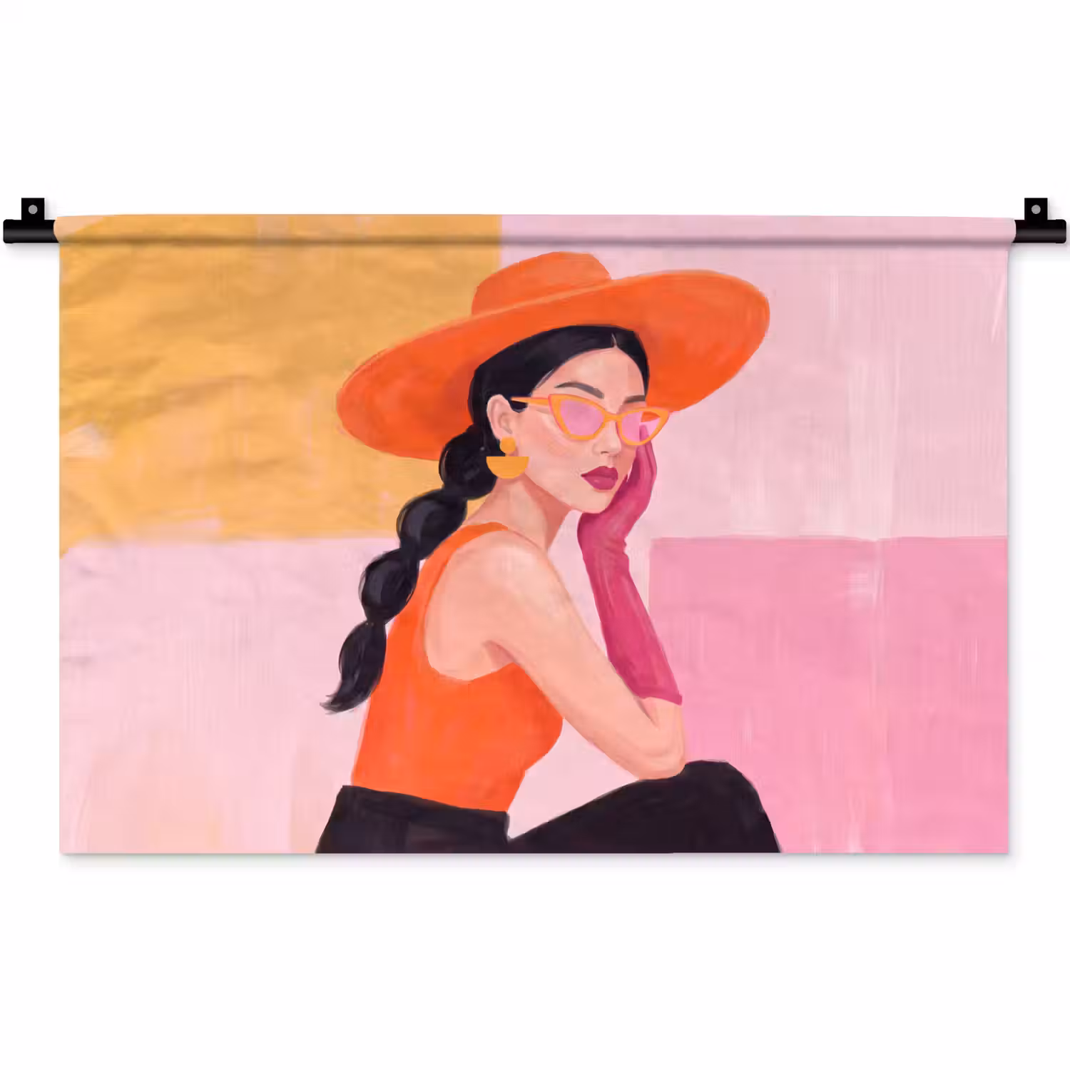 Vrouw - Hoed - Mode - Modern - Oranje Wandkleed katoen klein -zz3d
