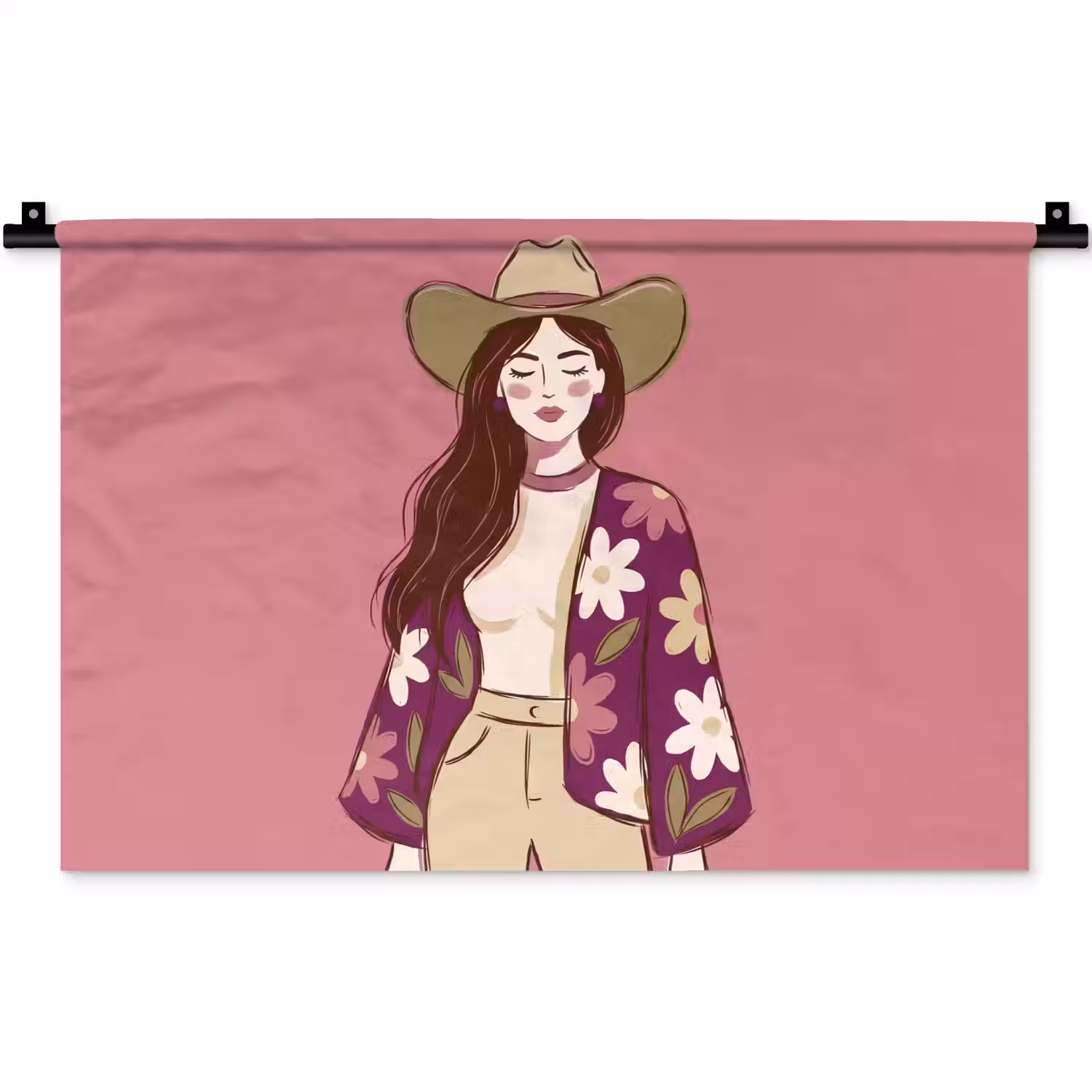 Vrouw - Hoed - Portret - Illustratie - Roze Wandkleed katoen klein -zz3d