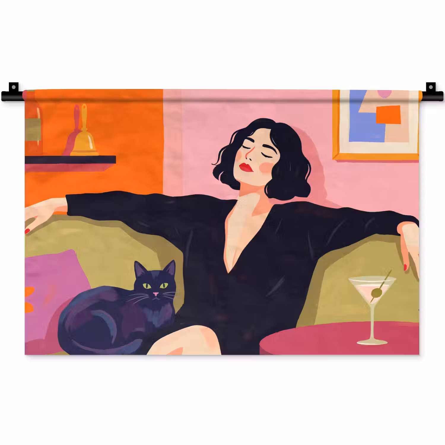 Vrouw - Kat - Interieur - Modern - Kleurrijk Wandkleed katoen klein -zz3d