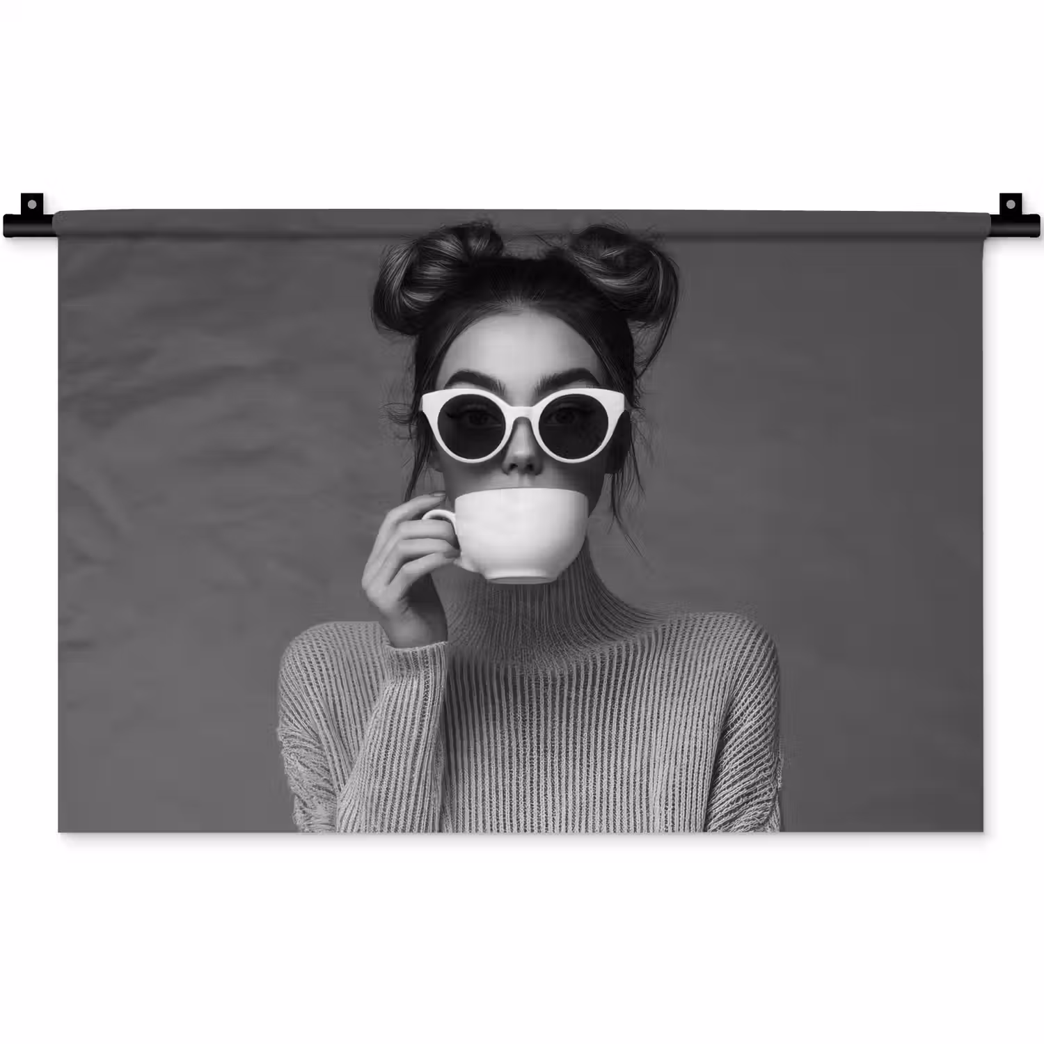 Vrouw - Koffie - Zwart - Wit Wandkleed katoen klein -zz3d