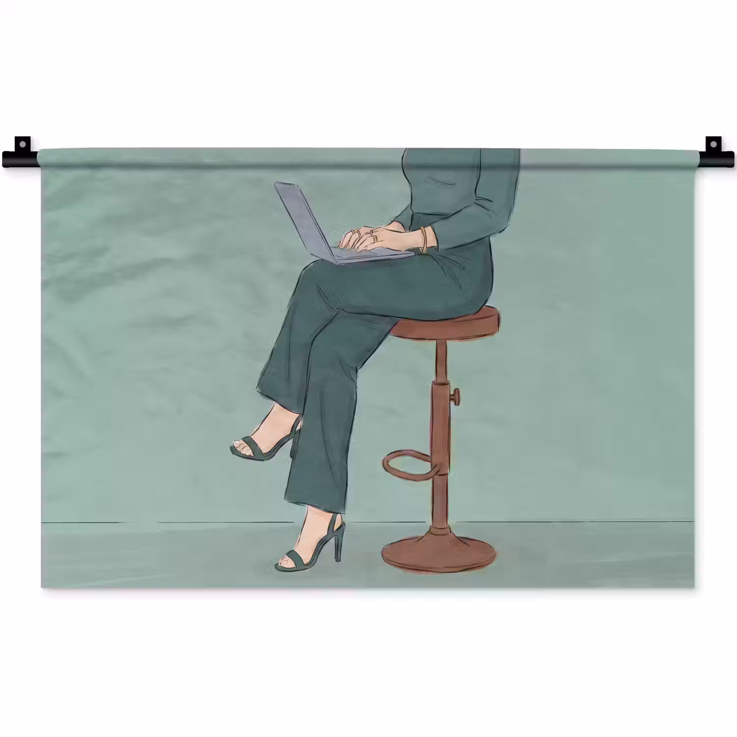 Vrouw - Laptop - Zittend - Illustratie - Groen Wandkleed katoen klein -zz3d