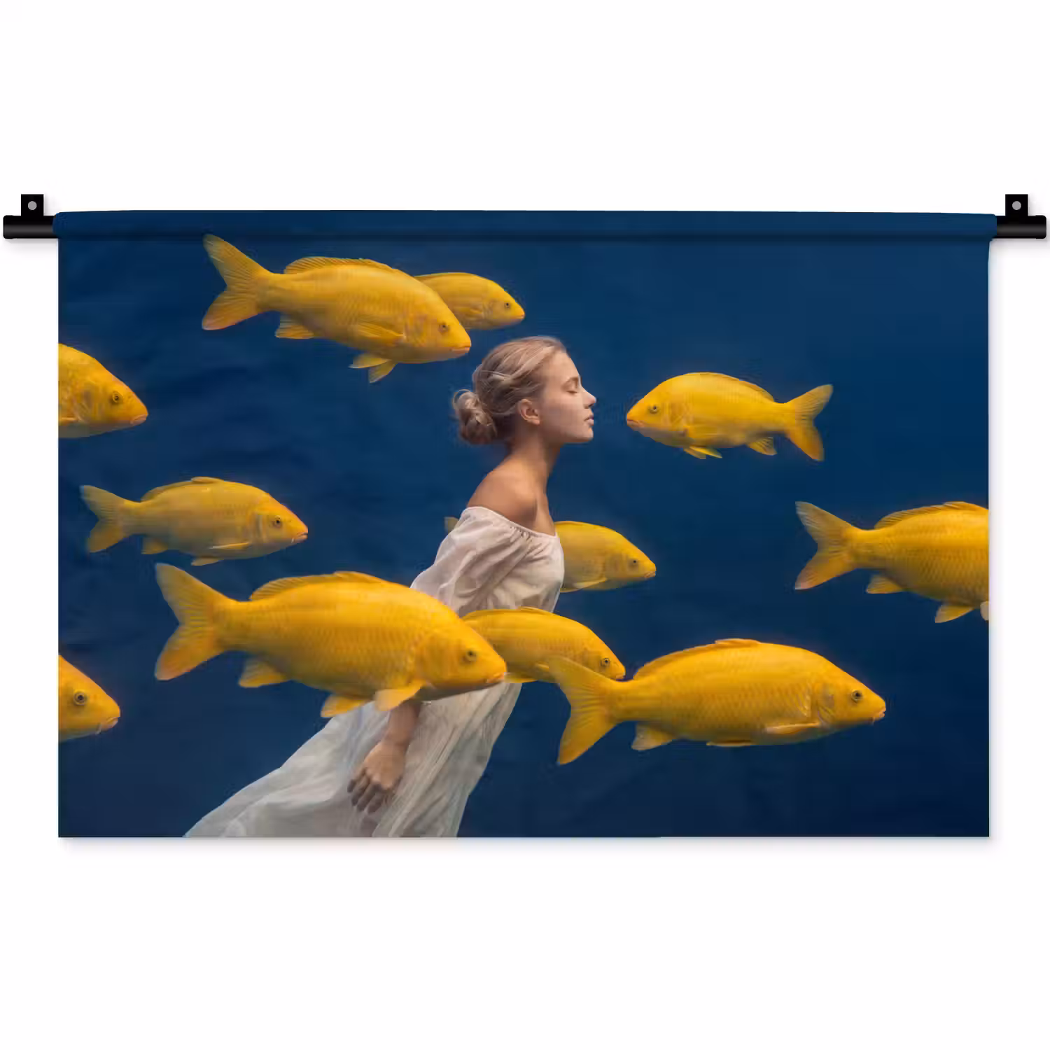 Vrouw - Vis - Water - Natuur - Geel Wandkleed katoen klein -zz3d
