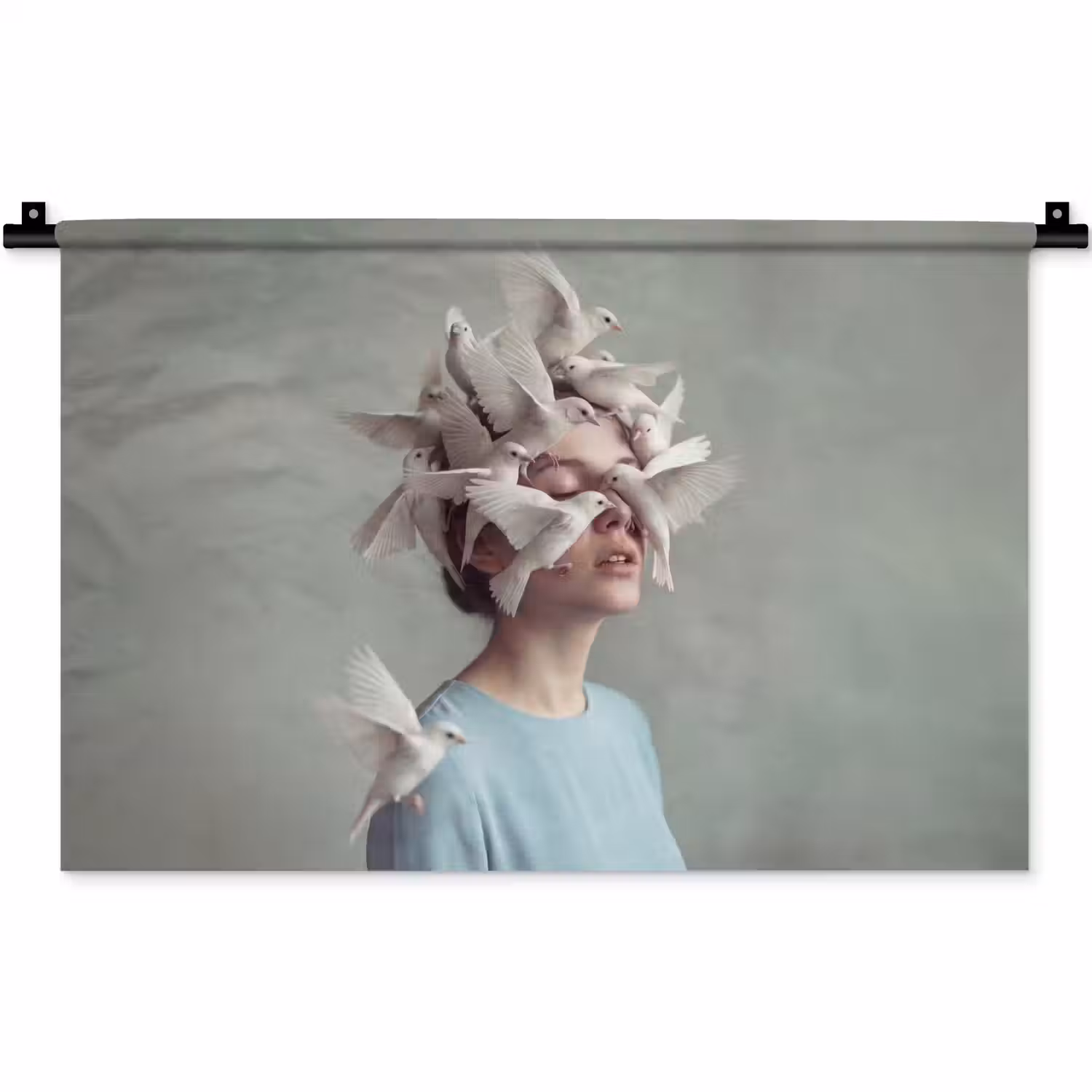 Vrouw - Vogels - Abstract - Modern - Wit Wandkleed katoen klein -zz3d