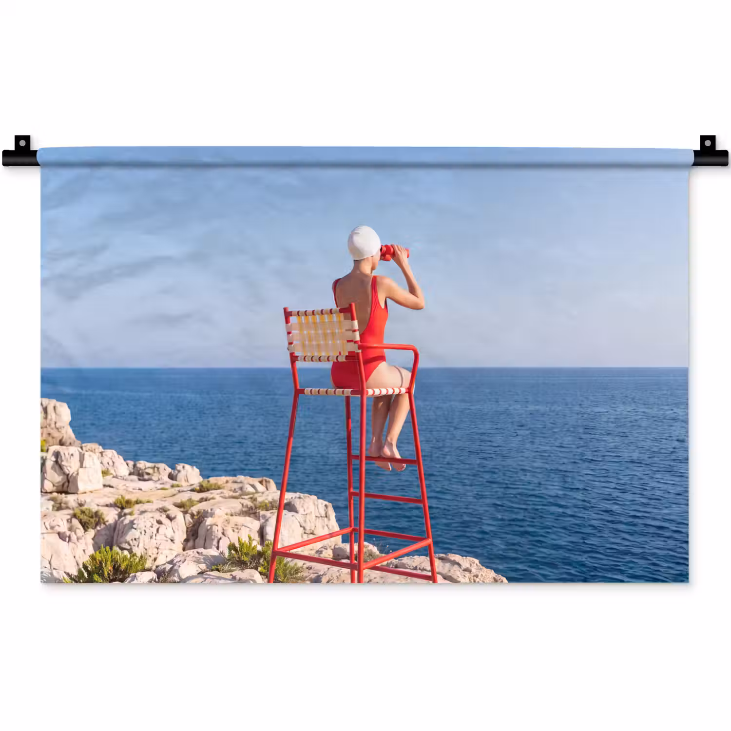 Vrouw - Zee - Kust - Verrekijker - Rood Wandkleed katoen klein -zz3d
