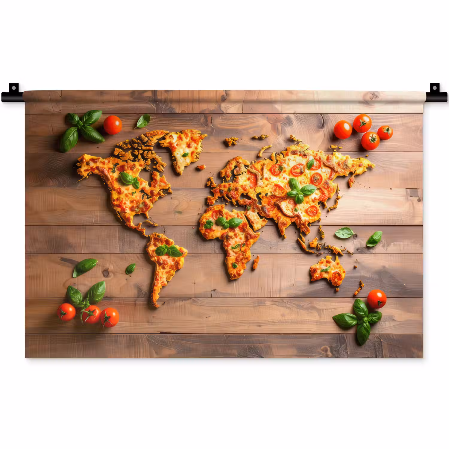 Wereldkaart - Pizza - Houten ondergrond Wandkleed katoen klein -zz3d